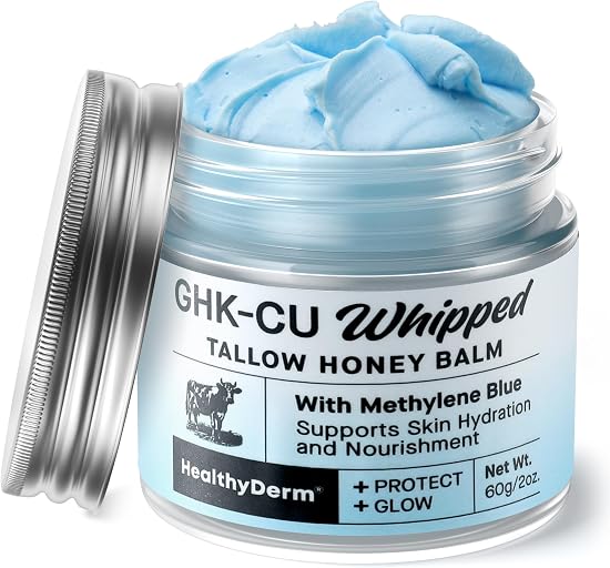 HealthyDerm Copper Peptides GHK-Cu Beef Tallow for Skin: Blue Balm with Methylene Blue, Manuka Honey & Vitamin E – Natural Face and Body Moisturizer for Mature, Dry & Sensitive Skin – 2oz
