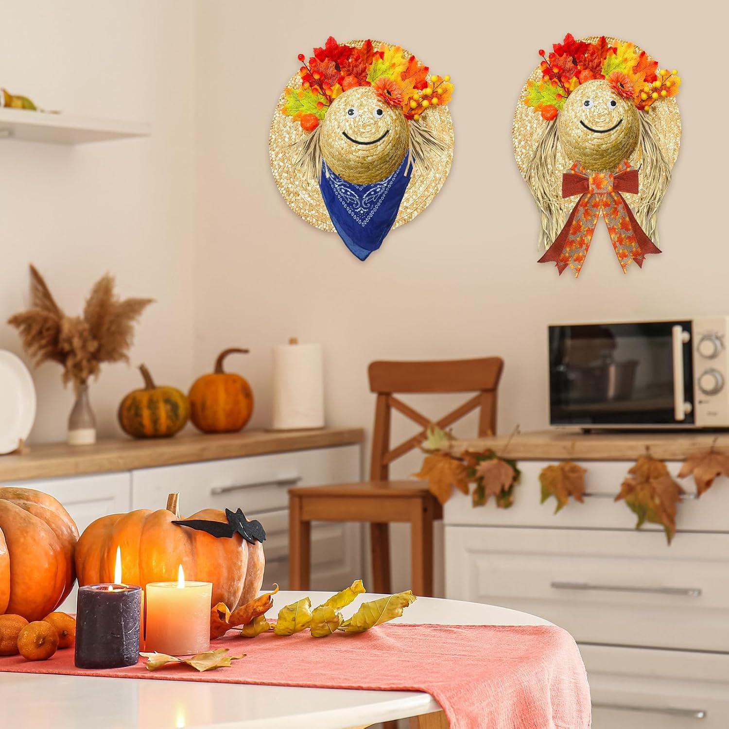 Cinrobiye 2 PCS Fall Wreath for Front Door 16 Inch Autumn Straw Hat Wreath with Bow DIY Thanksgiving Scarecrow Hanging Decorations for Indoor Home Farmhouse Harvest Festival Porch Wall Window Decor
