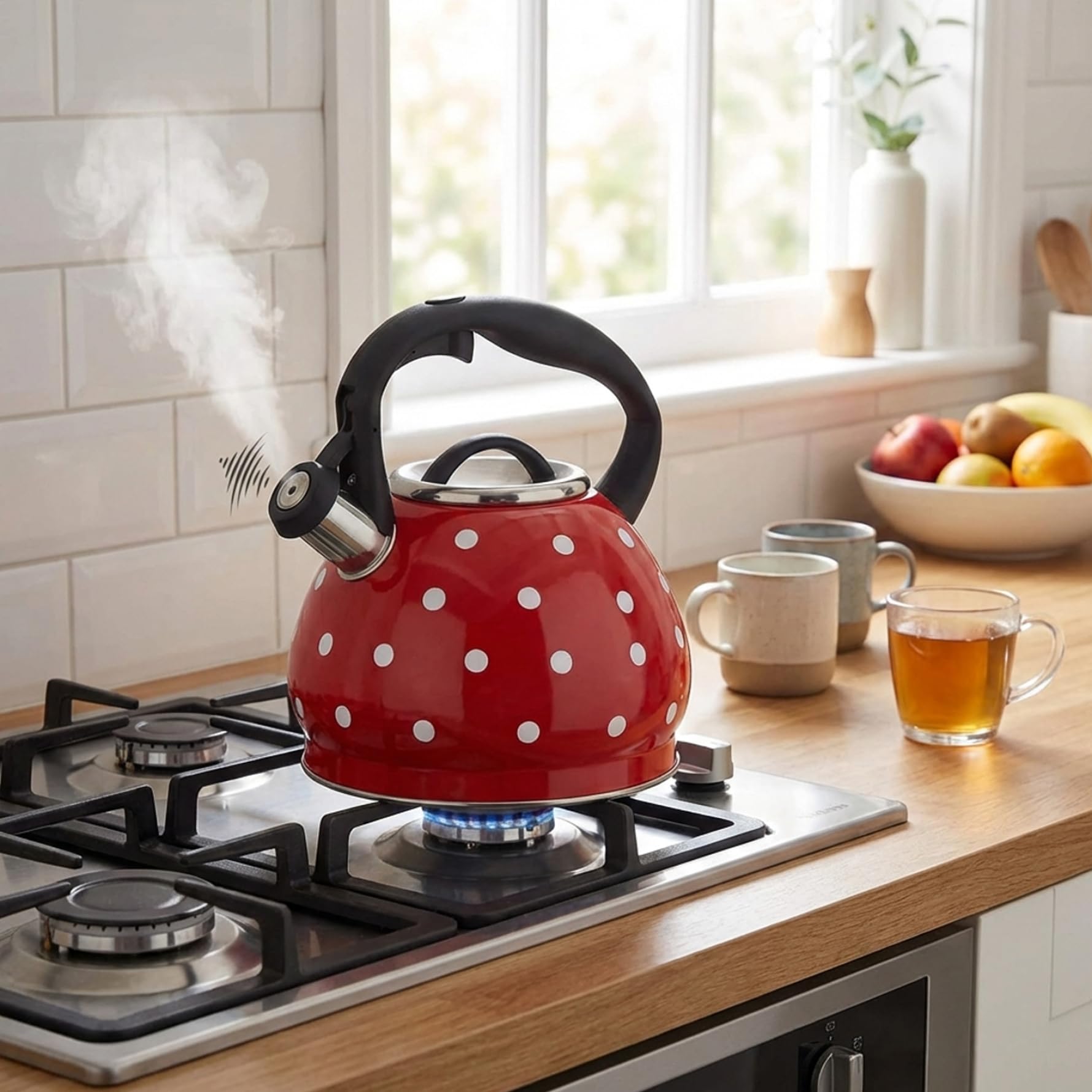 Pfeifender Teekessel für den Herd, 3, 2 Quart, Edelstahl-Teekessel, gepunktete Teekanne mit ergonomischem Cool-Touch-Griff, Rot, Feiertagsstatuen