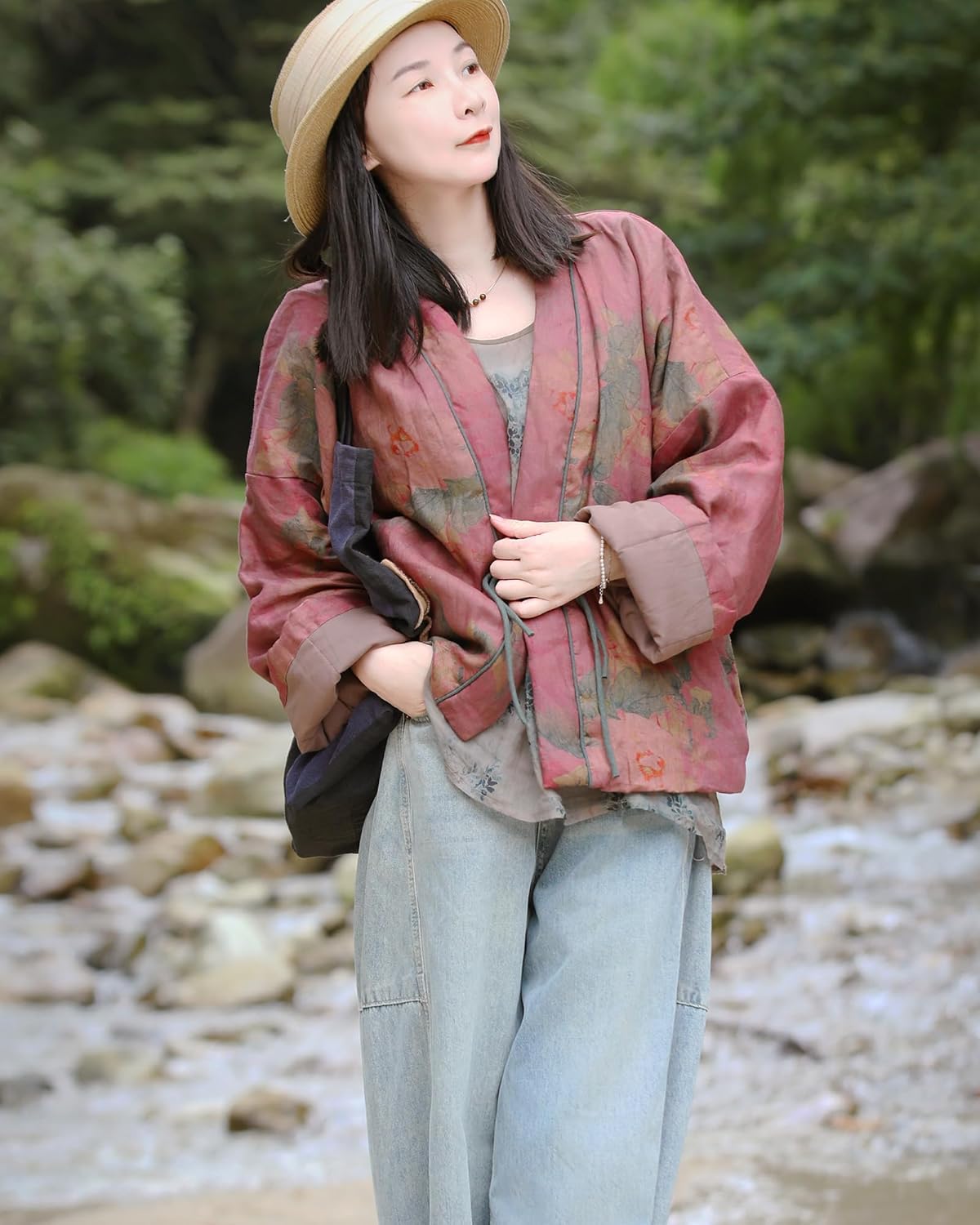 LUZU JUNU Women's Floral Printed Short Quilted Jacket Open Front V-Neck Shawl Collar Drop Shoulder Vintage Outwear - Image 4