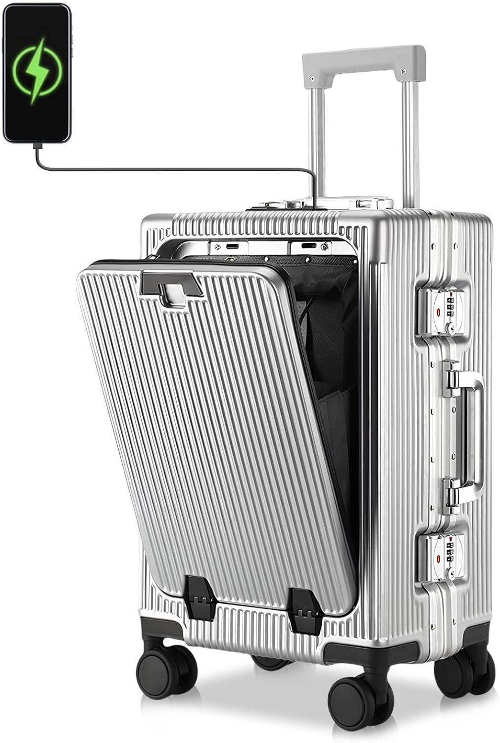 Simcat 20″ Carry On Suitcase, Cabin Suitcase with Front Pocket, PC Hard Shell Lightweight Airline Approved Luggage with Cup Holder, USB Port, TSA Lock, Silent Wheels (Sliver) Simcat 20″ Carry On Suitcase, Cabin Suitcase with Front Pocket, PC Hard Shell Lightweight Airline Approved Luggage with Cup Holder, USB Port, TSA Lock, Silent Wheels (Sliver)
