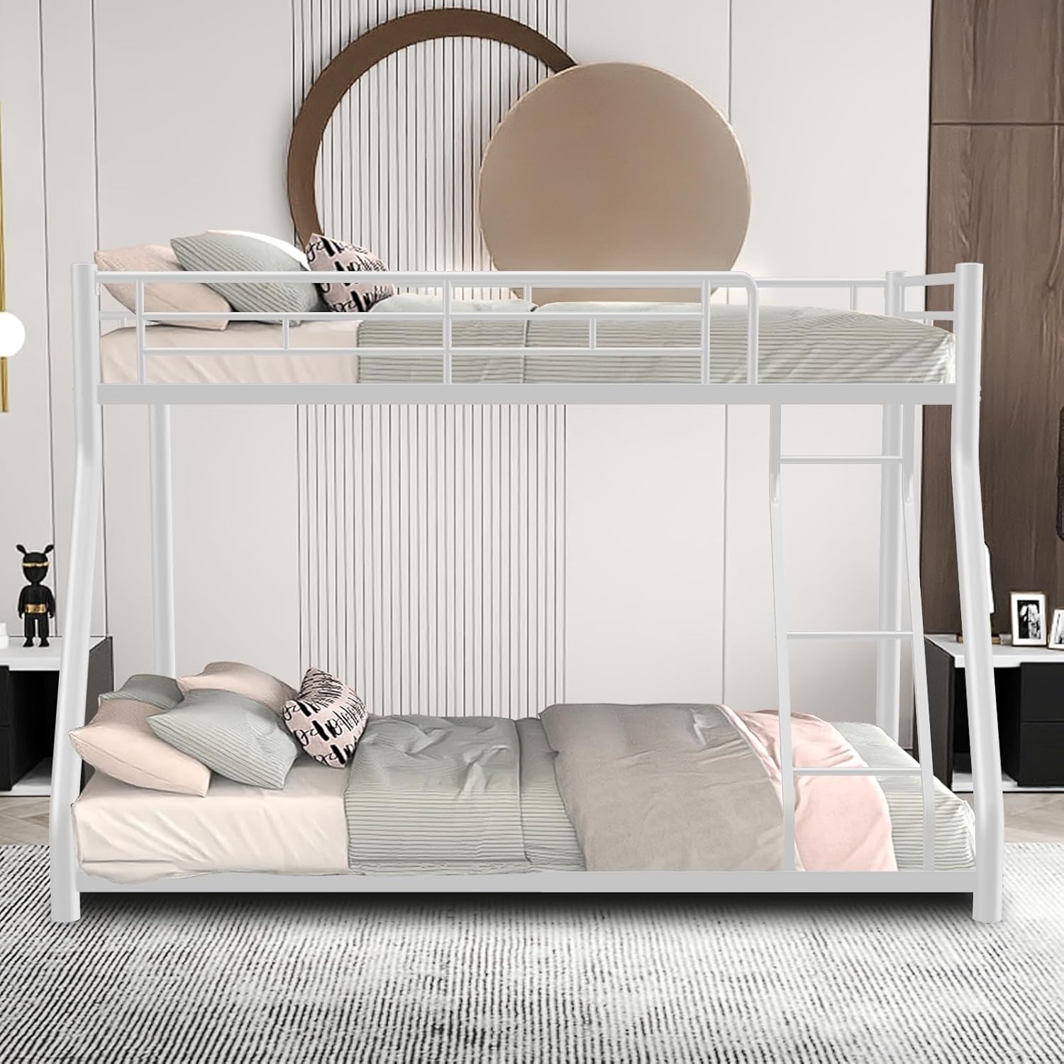 Metal Twin Over Full Size Bunk Bed for Adults & Kids,Twin Over Full Bunk Beds, Low Profile Bunkbeds with Length Guardrail and Ladder, No Box Spring Needed,Space Saving