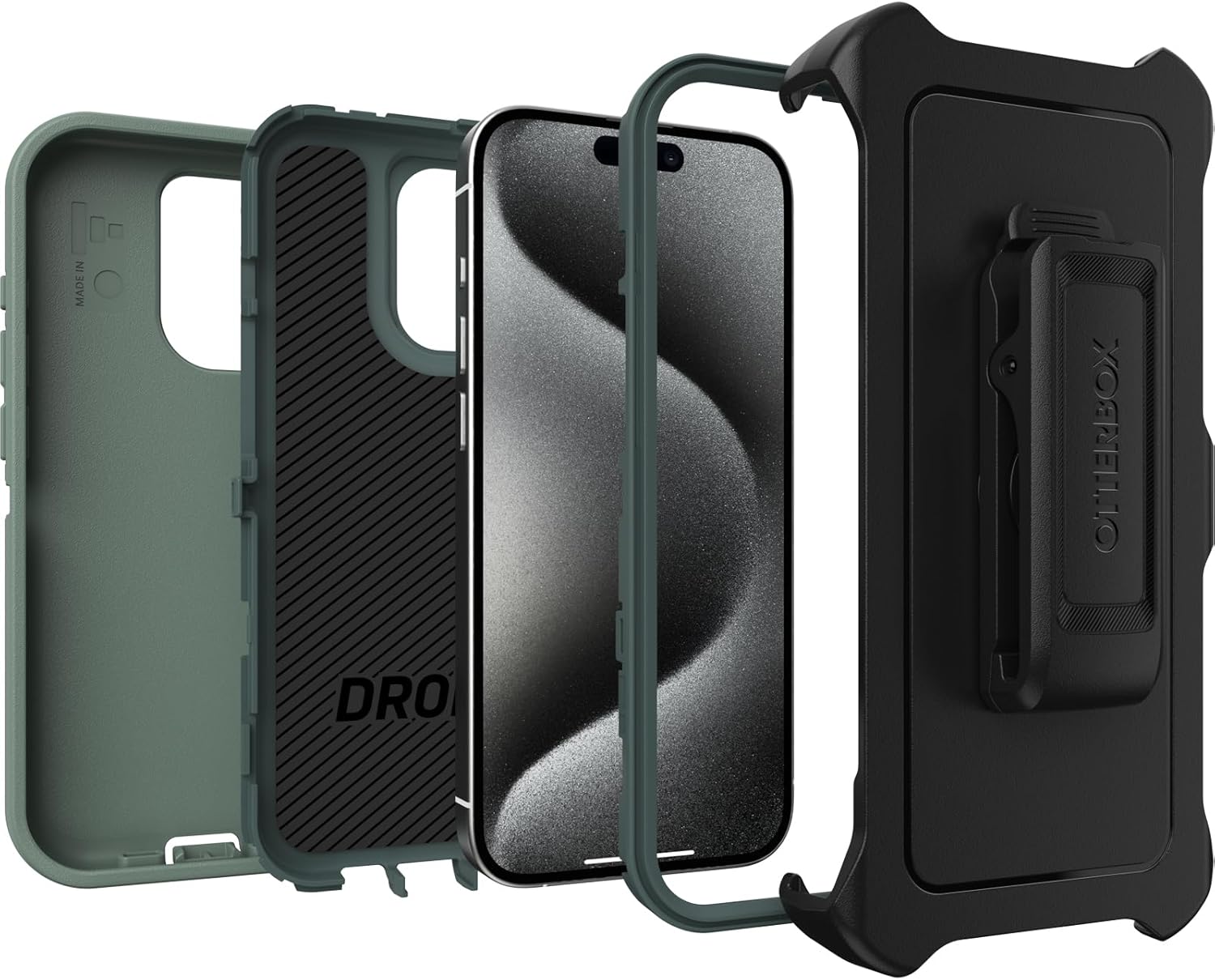 OtterBox iPhone 15 Pro (Only) Defender Series Case - Forest Ranger (Green), screenless, Rugged & Durable, with Port Protection, Includes Holster Clip Kickstand
