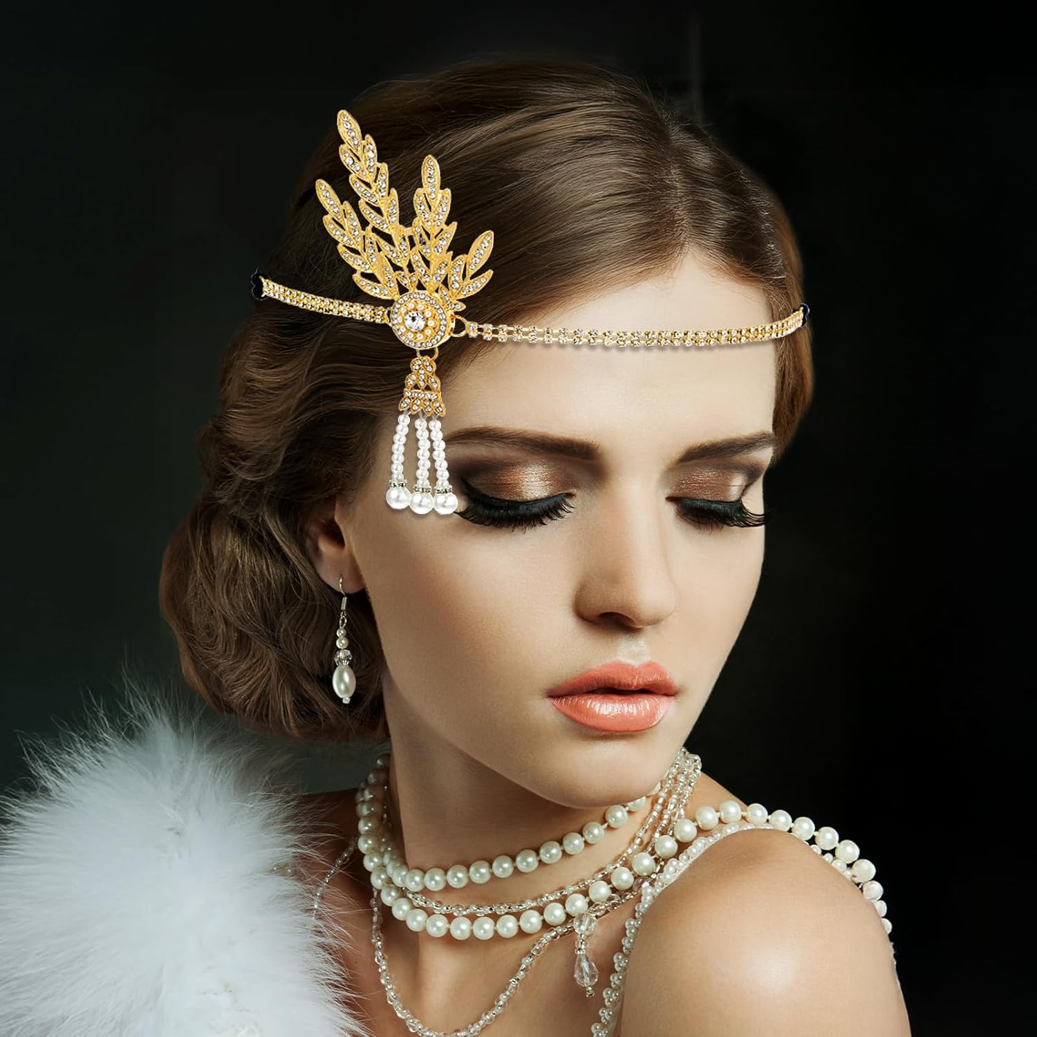 Yolev 1920's Flapper Headband Leaf Rhiestones Flapper Headpiece Pearl Tassel Head Bands Gold Headpiece Head Jewelry for Women Bride Wedding Parties Hair Accessories - Image 2