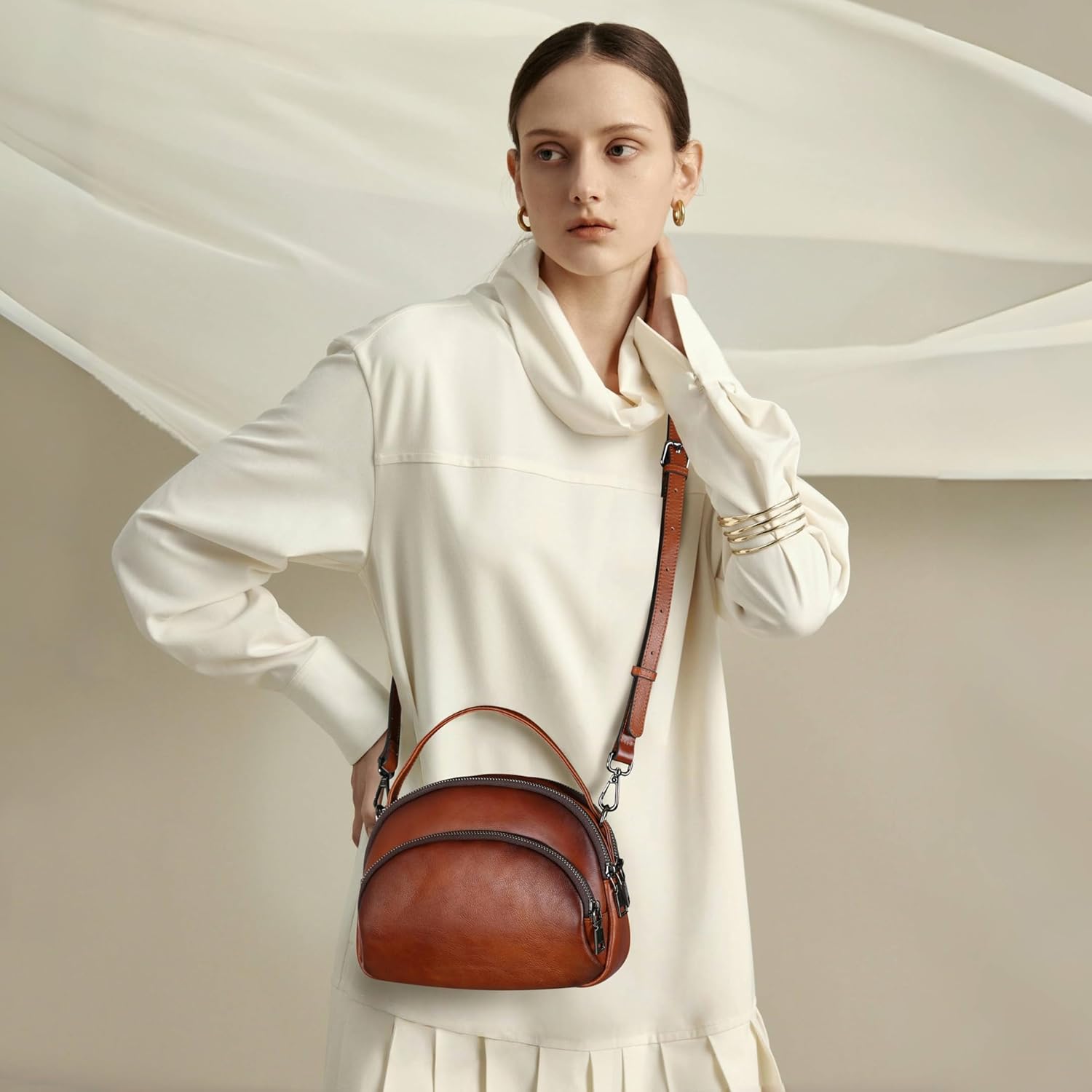 HESHE Genuine Leather Crossbody Bags Leather Purses for Women Vintage Small Shoulder Handbags with Multi-Pockets - Image 3