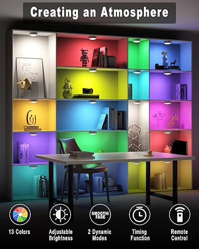 Vista 6 de HELPLEX Luces de disco con control remoto, luces LED que cambian de color, funciona con pilas, regulables, luces debajo del gabinete, luz Paquete