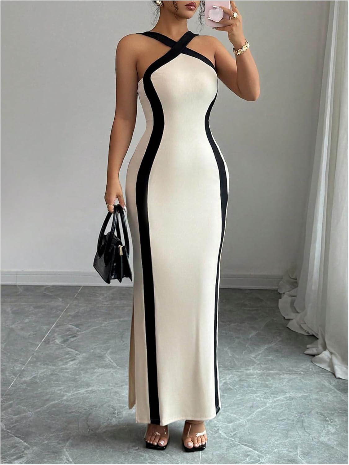 GORGLITTER Women's Open Back Bodycon Maxi Dress Halter Neck Side Split Color Block Crisscross Pencil Party Long Dress - Image 4