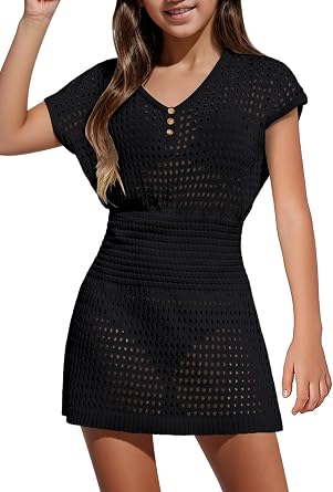 CharmWM Girls Summer Crochet Swim Beach Cover Up Button Elastic Waist Beach Dress 5-14 Years
