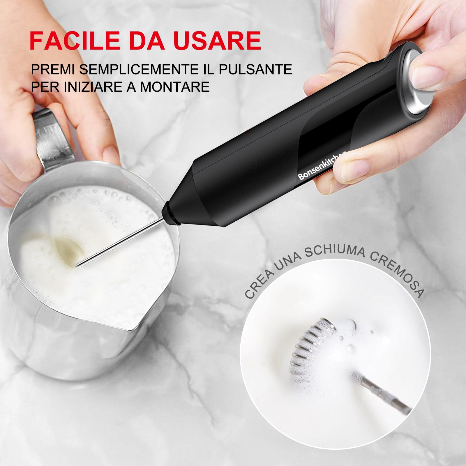 Bonsenkitchen Montalatte Elettrico, Frullino Montalatte con Frusta in Acciaio INOX, Funziona a Batteria, Potente Schiumalatte Elettrico per Caffè, Latte, Cappuccino, Matcha