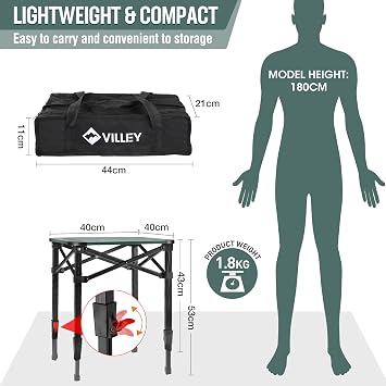 VILLEY Folding Camping Table, Lightweight Aluminium Portable Table (Small)