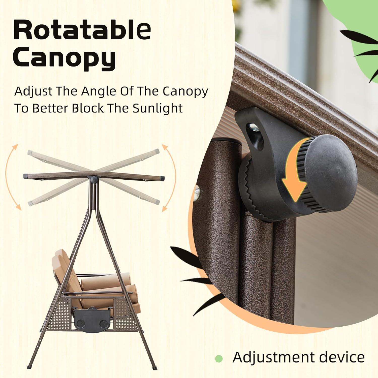 YOLENY Outdoor Patio Swing with Adjustable Hardtop, 2 Seat Porch Swing with 2 Side Cup Holder, Convertible Backrest Swing Bed with Cushion, 2 Pillows for Front, Porch, Lawn, Khaki