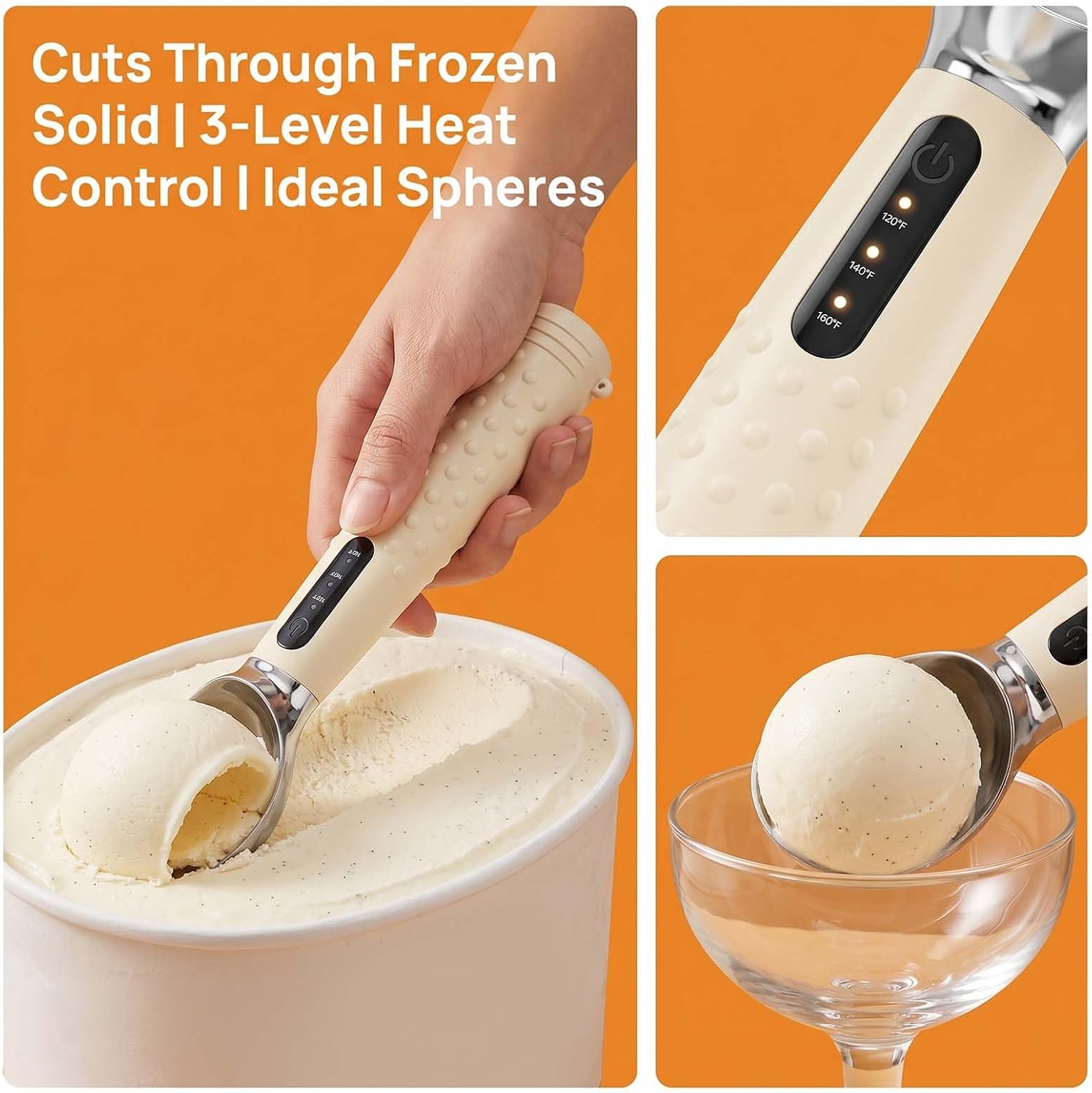 2-Pack Heated Ice Cream Scoop Spoon Set - Electric Scoopers with 3 Heat Settings 120/140/160℉, LED Indicators, 2600mAh Battery for Hard Frozen Desserts (Black+Brown)