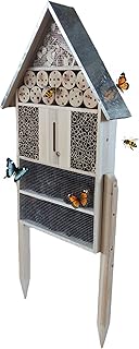 Relaxdays Insektenhotel mit Ständer, Holz, wetterfestes Metalldach, HxBxT: 119 x 50 x 12 cm, Insektenhaus, Natur/Silber
