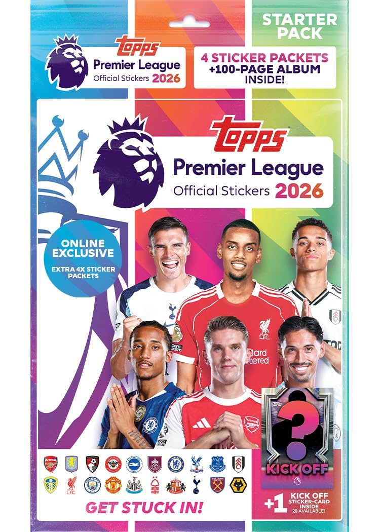 Topps Autocollants Premier League 2026 – Starter Pack – Exclusif en ligne ! (comprend un vaste album de 96 pages, 8 paquets d'autocollants, une carte d'autocollants Kick-Off et un pack héros garanti).