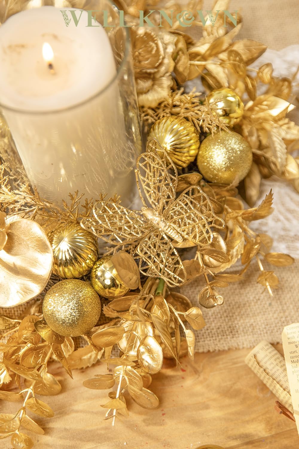 WELL KNOWN Artificial Flower Candle Rings Wreath, 12" Small Gold Orchid Eucalyptus Wreath for Candles & Candleholders, Dining Table Centerpieces for Home Wedding Party Hanging Decor & Gift