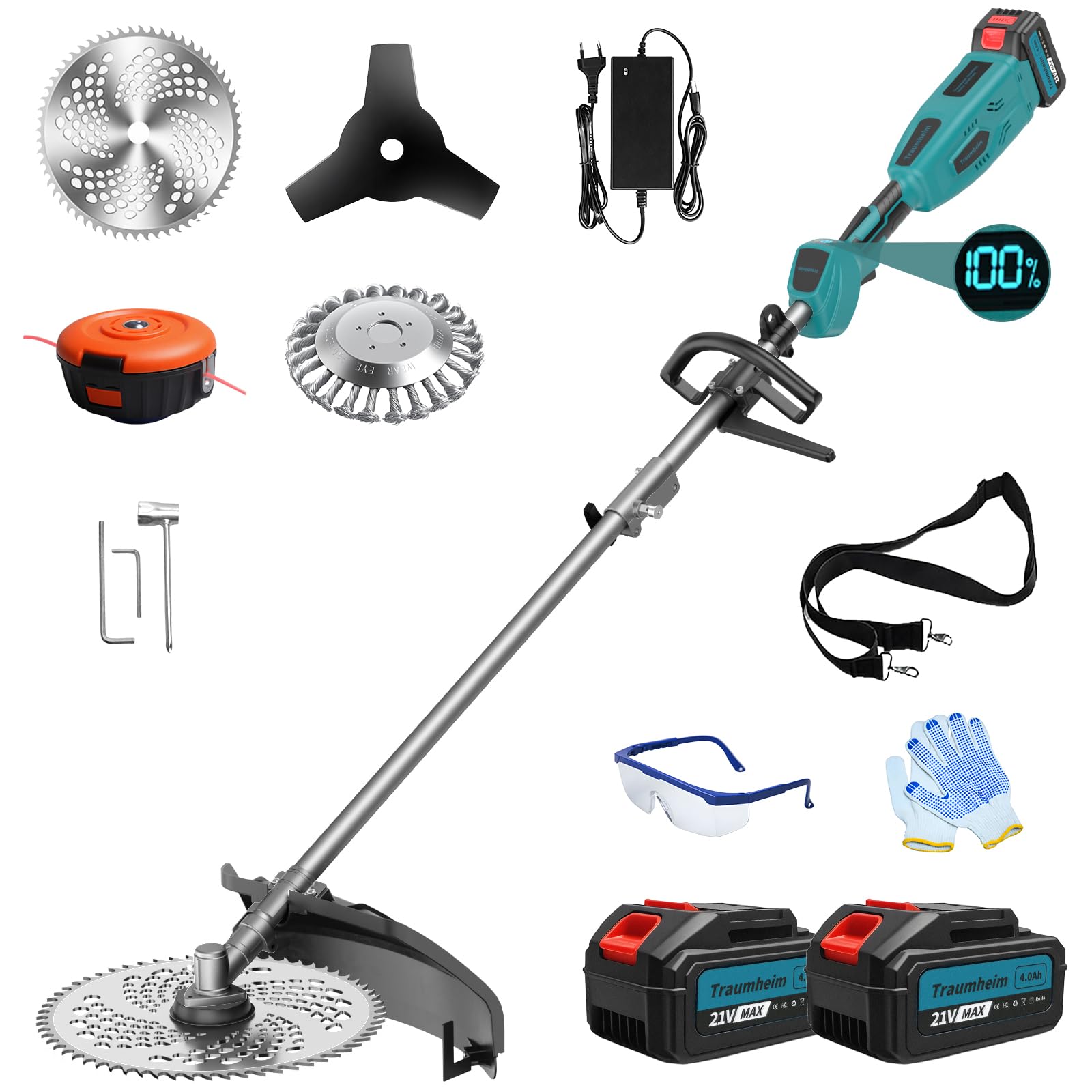 Akku Rasentrimmer mit 2 x 4.0Ah Batterien, 4-in-1 Elektrischer Akku Motorsense & Rasentrimmer Rasen, 950W Bürstenloser Motor, Akku Freischneider für Rasenschneiden und Garten,Blau