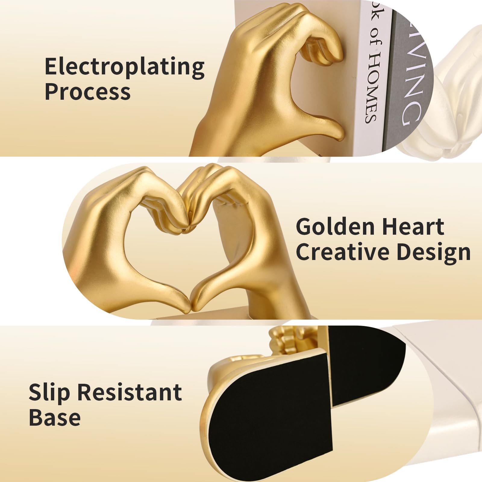 Gold Gesten dekorative Buchstützen - Herz Hände Skulptur Buchstütze, kreativer Buchstopper und Halter für Bücher - Perfekt für Wohnzimmer, Heimdekoration und Büroregal-Teiler