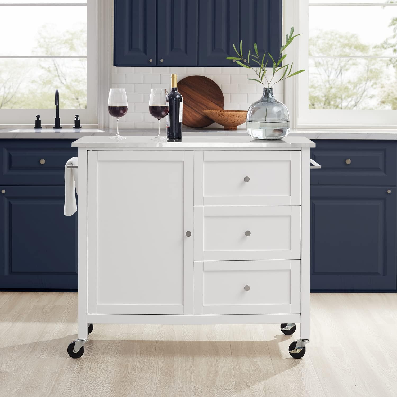 HomeStock Stainless Steel Kitchen Island with Drawers & Cabinet - Portable Cart