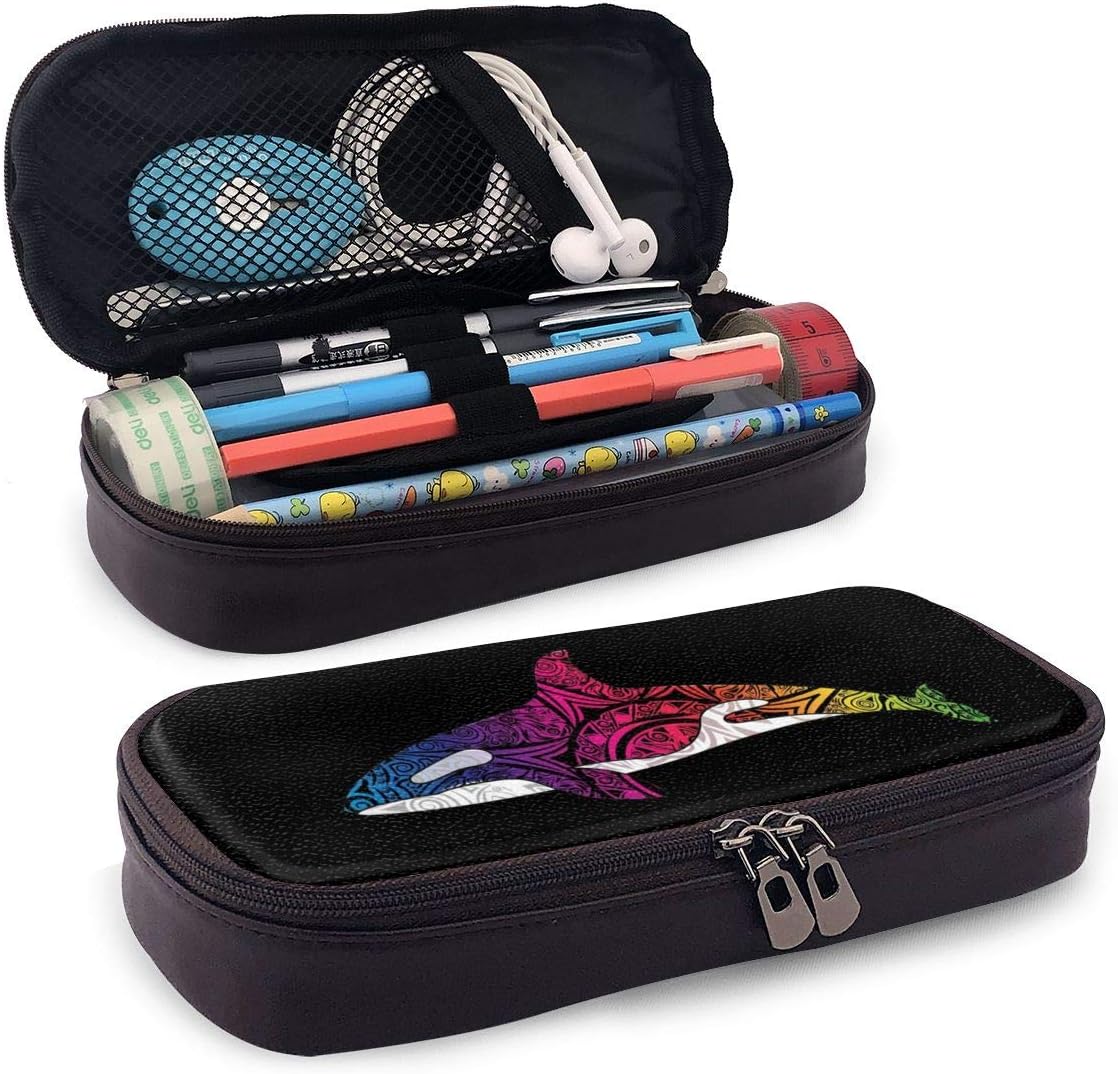 NewTe Leather Pencil Case For School Students Office Orca Killer Whale Pen Pencils Box