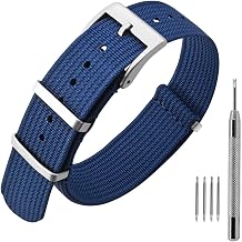 ANNEFIT Nylon Watch Band 0.8 inches 20 mm, One-Piece Waterproof Military Watch Straps with Heavy Silver Buckle Blue