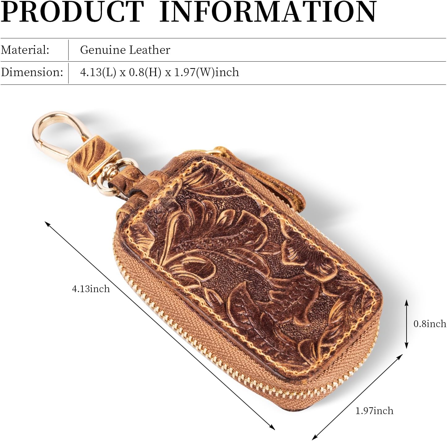 Gexmil Genuine Leather Zipper Car Key Case, Full Grain Leather, Pure Brass Hardware, Hand-made Universal Car Key Holder, Mini Coin Bag for Women Men,Floral Brown