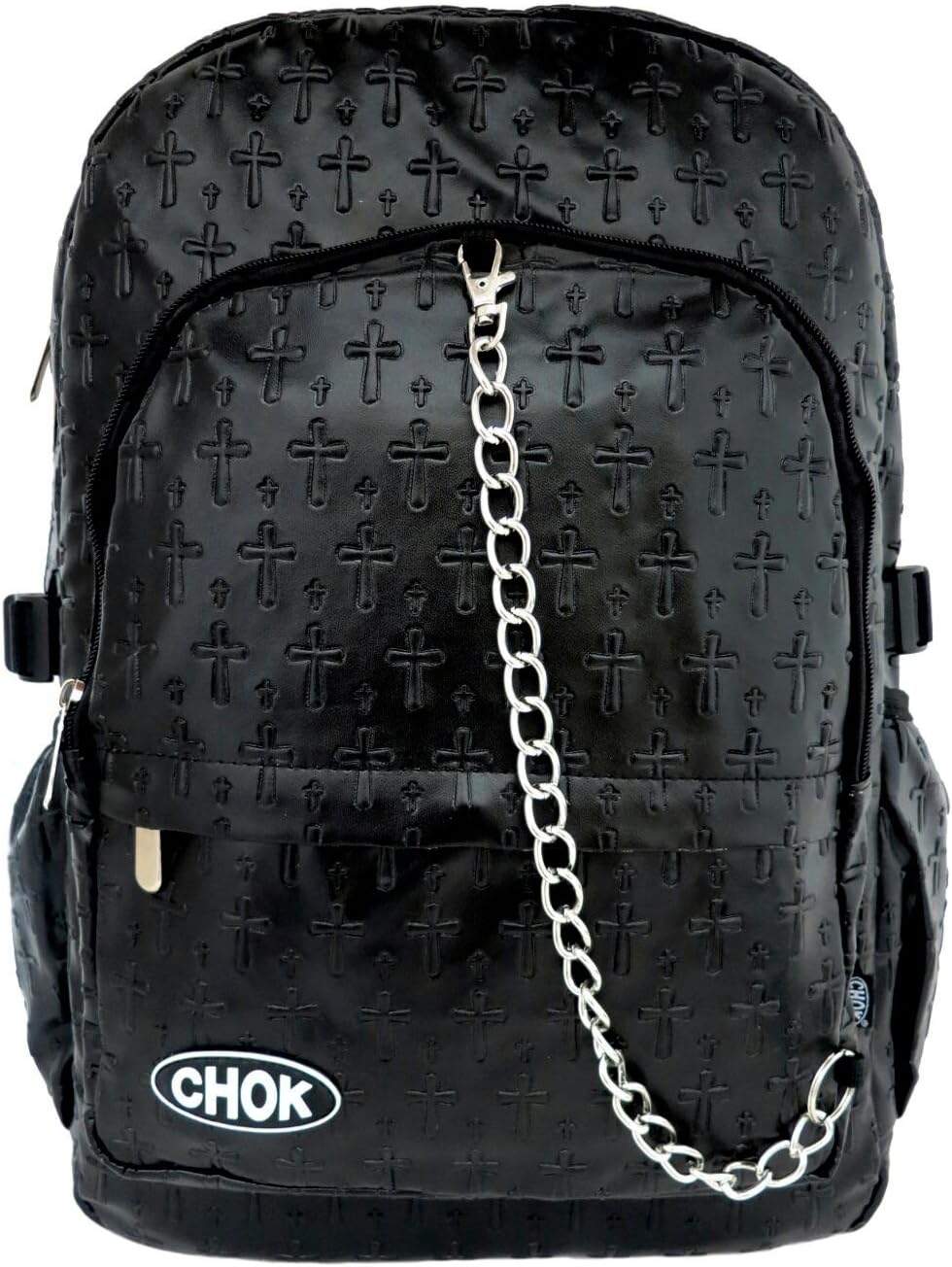 CHOK Black Cross Embossed Backpack Rucksack Bag with Laptop Protection | School College Unisex Travel | Rock Steam Punk Goth Emo