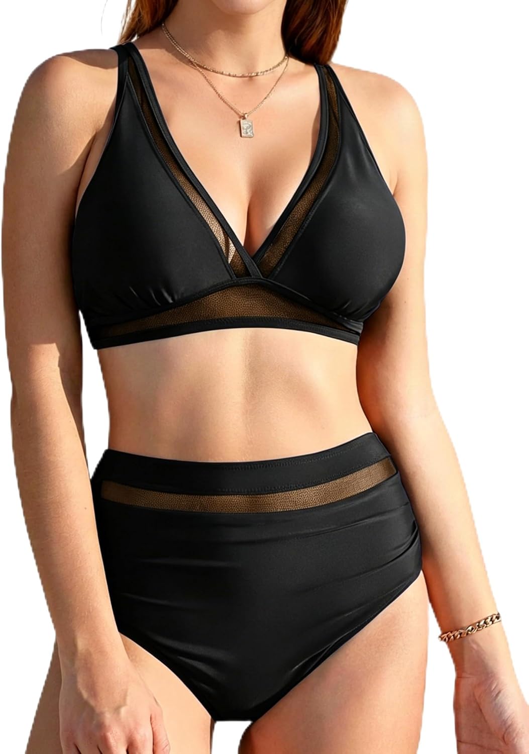Buauty Women High Waisted Bikini Sets Two Piece Swimsuit for Women Tummy Control Mesh V Neck Bikini Swimsuits Bathing Suits