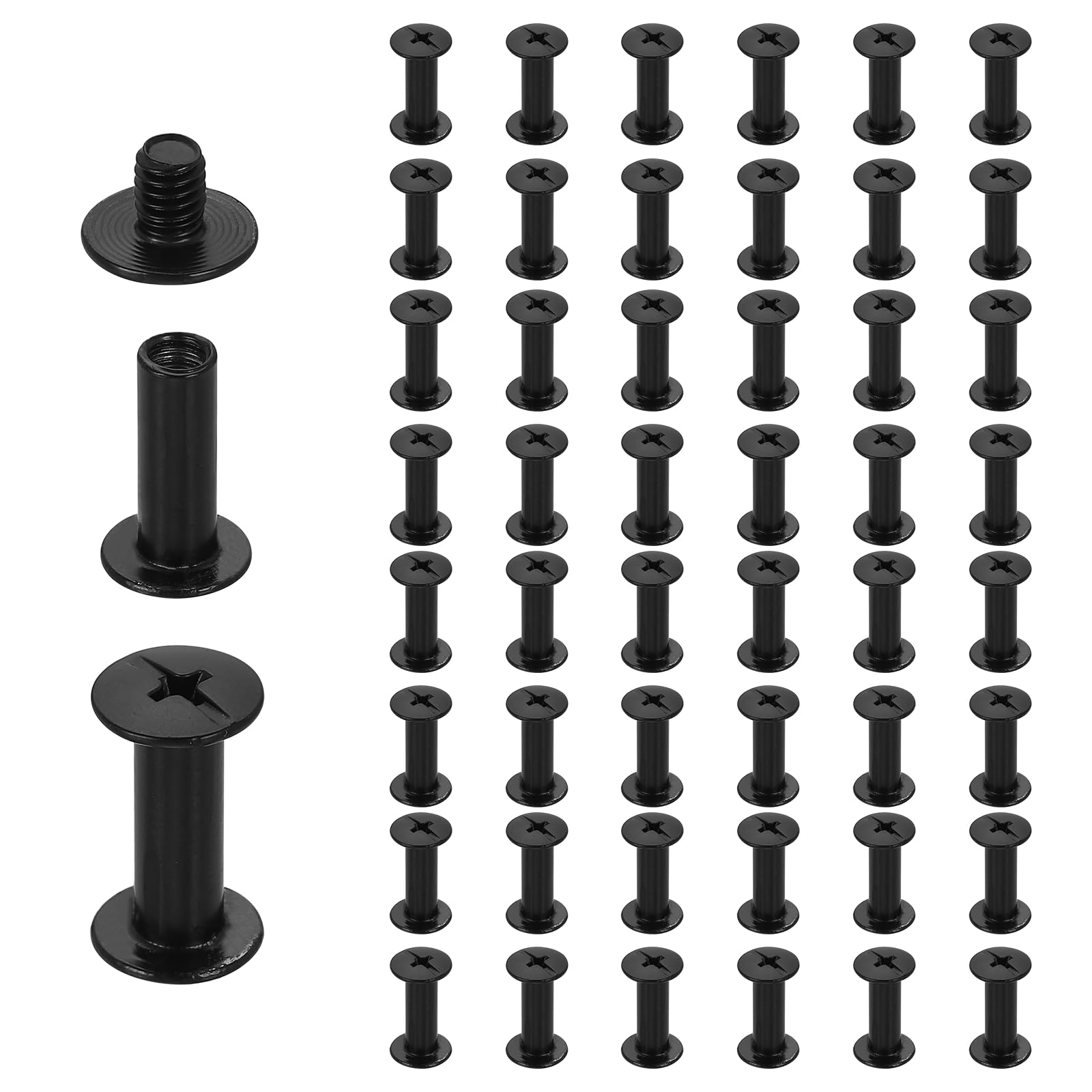sourcing map 50set Chicago Screw M4 x 15mm 17mm Length Metal Phillips Nail Rivet Stud Screw Bolts Rivets Binding Post Screw for DIY Leather Belt Bag Craft Bookbinding, Black