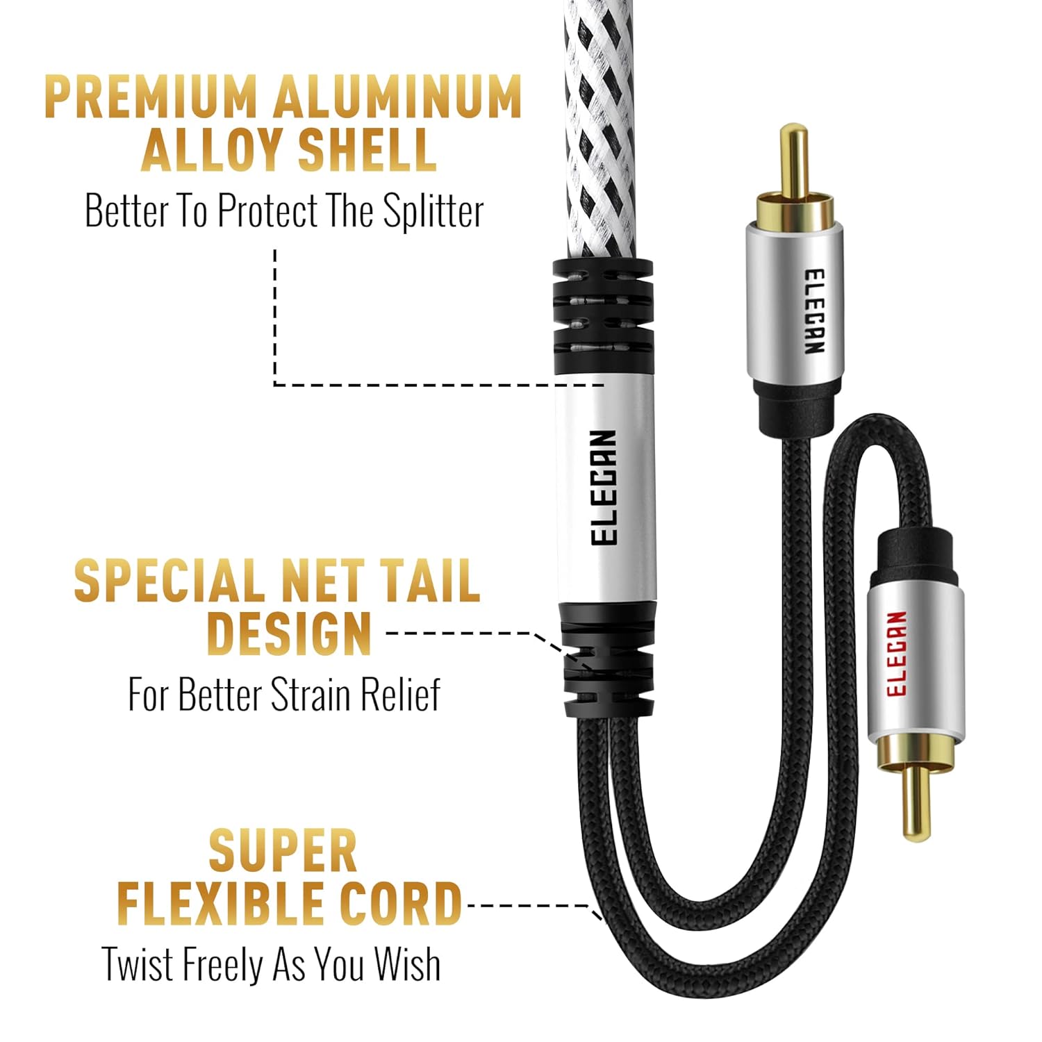 Elecan Premium RCA Cable 75 Ft (Hi-Fi Sound-16 AWG-Shielded) 2 RCA Male to 2 RCA Male Stereo Audio Cable, Gold Plated-Aluminum Alloy Shell-Pure Copper-Braided RCA Cord for Home Theater Speakers + Ties