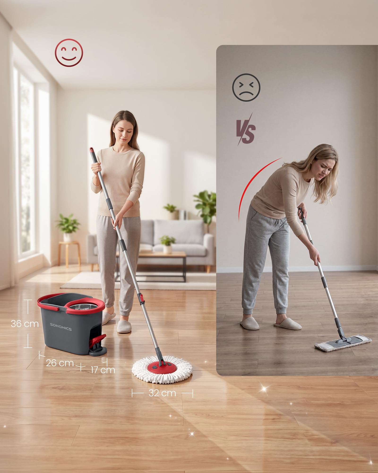 SONGMICS Mop Obrotowy z Wiadrem, z 2 Wkładami z Mikrofibry | Zestaw do Sprzątania, Stal Nierdzewna, 44 x 29 x 27,8 cm, Szary i Czerwony, Kolekcja CLEMAX LMB002GT02