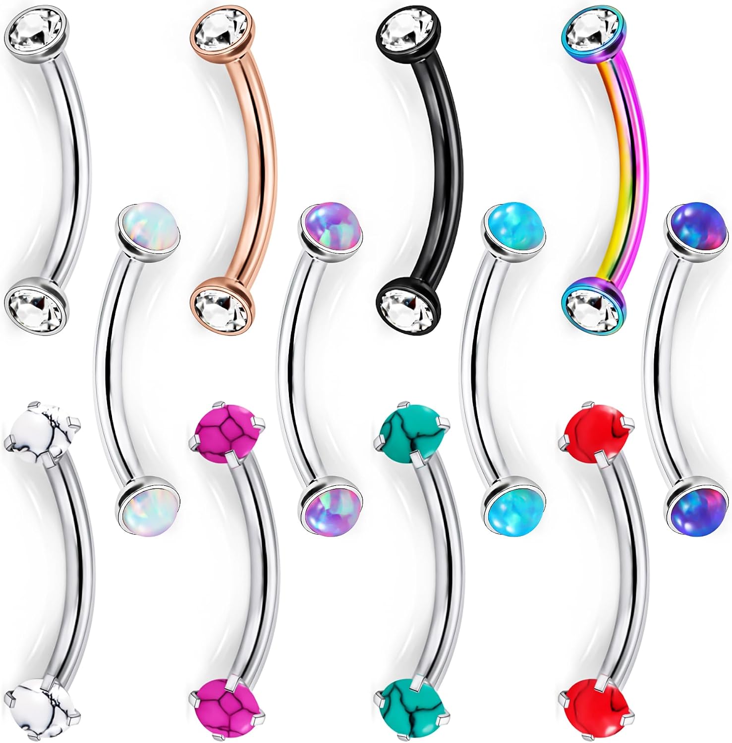 Jenxnjsjo 16g 8/10mm Eyebrow/Rook/Snug/Vertical-Labret/VCH/Snake-Eyes/Anti-Tragus/Cartilage/Daith/Belly-Button/Bridge/Hood/Surface Curved Barbell Piercing Jewelry for Women Men
