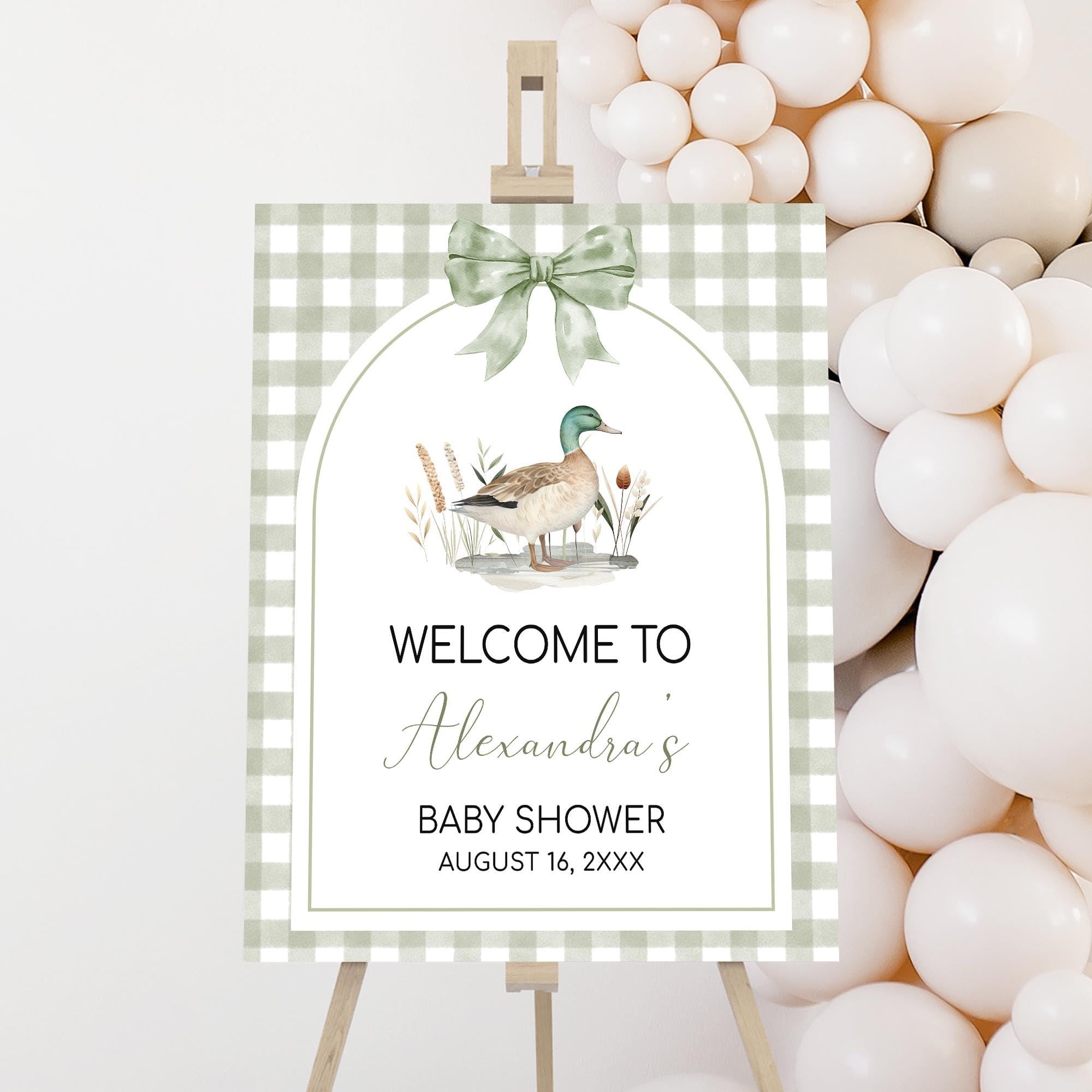 Custom Duck Baby Shower Welcome Sign, Mallard Canvas Poster, Green Gingham Mallard Duck Baby Shower Party Decoration, Editable Newborn Celebration Banner, Duck Hunting Theme Sign (Multi 8)