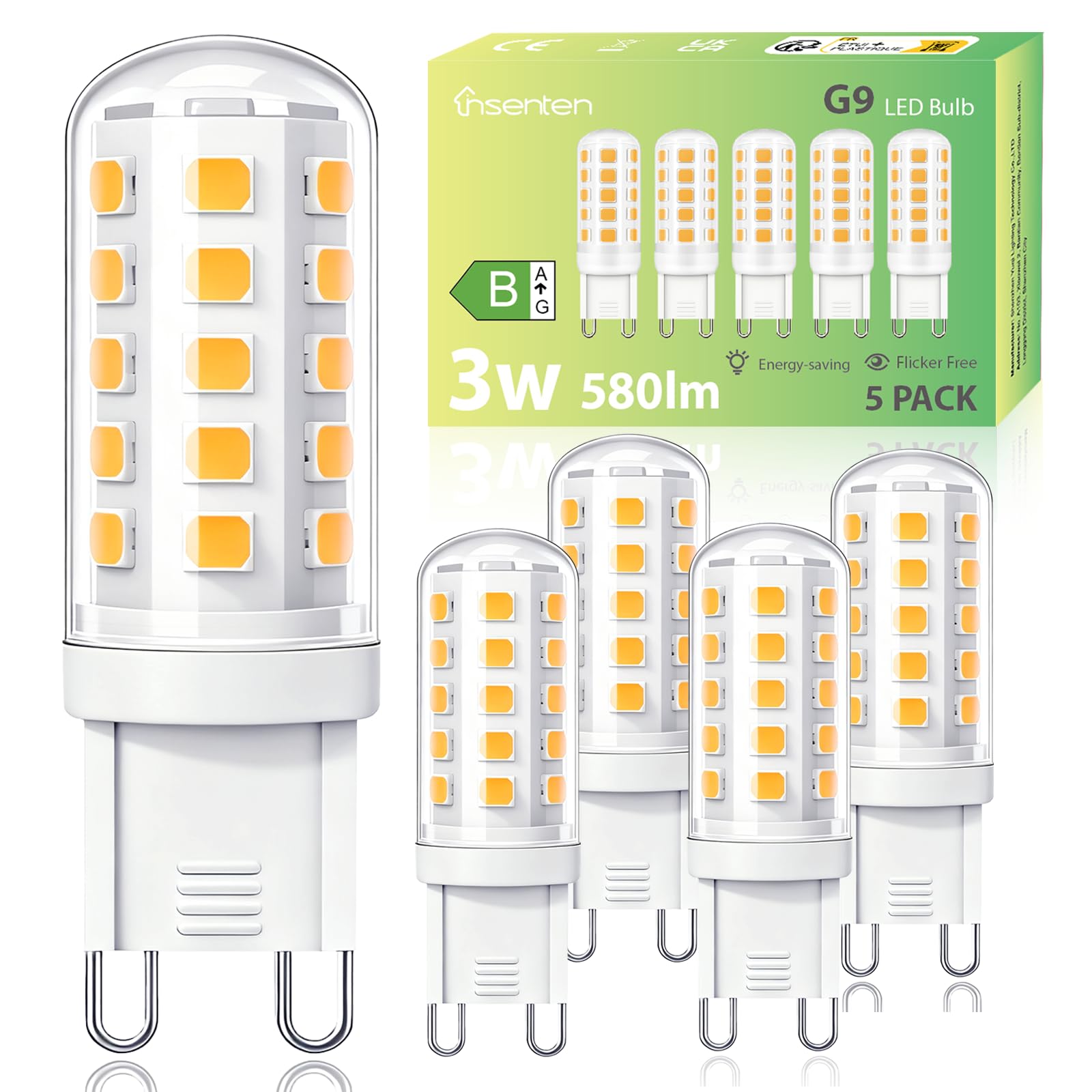 Cinsenten G9 Led Bulbs Warm White 3W 580LM Class B, Equivalent to 40W 33W 28W G9 Halogen Bulb, 3000K AC 220-240V No Flicker Non-Dimmable Energy Saving Light GU9 Bulbs for Home Lighting Pack of 5 — image 1
