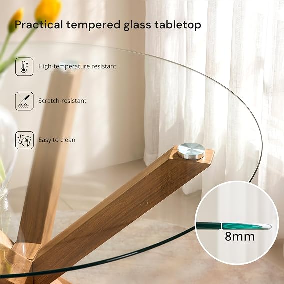 CLIPOP Round Dining Table with Tempered Glass Top 100cm, Wooden Pattern Legs Small Kitchen Table for Home Living Room, Dining Room Corner