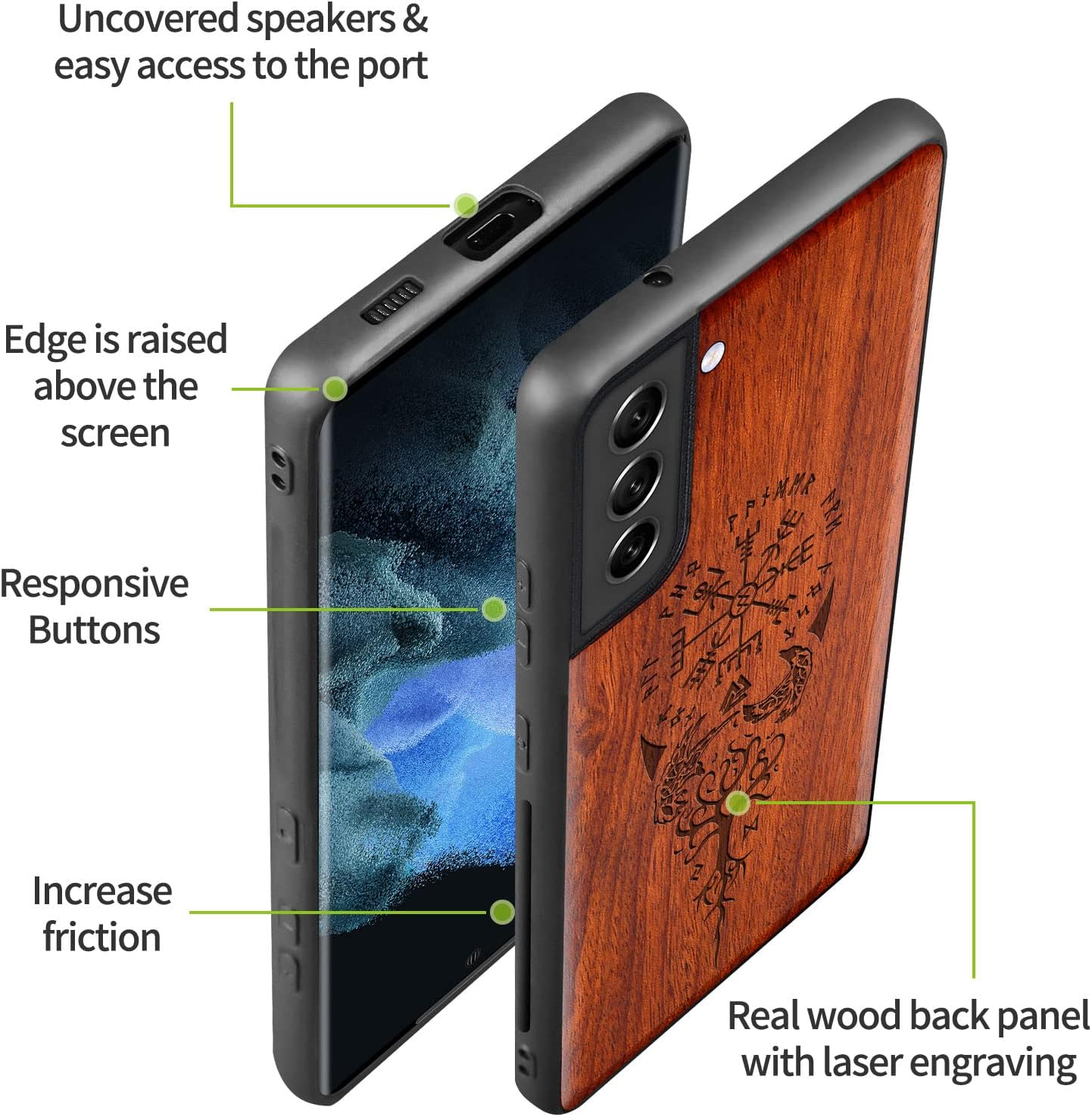 Carveit Wood Case for Galaxy S22 Case [Hard Real Wood & Soft TPU] Shockproof Hybrid Protective Cover Unique & Classy Wooden Design Compatible with Samsung S22 (Viking Compass Vegvisir-Rosy)