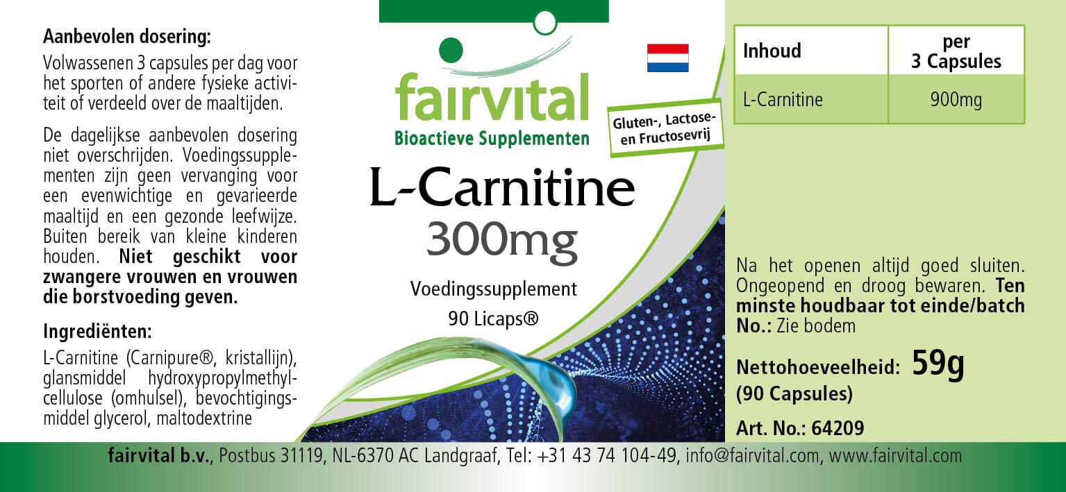 fairvital L-Carnitina Capsule 300 mg, 90 LiCaps®, facili da deglutire, ALTO DOSAGGIO, VEGANE