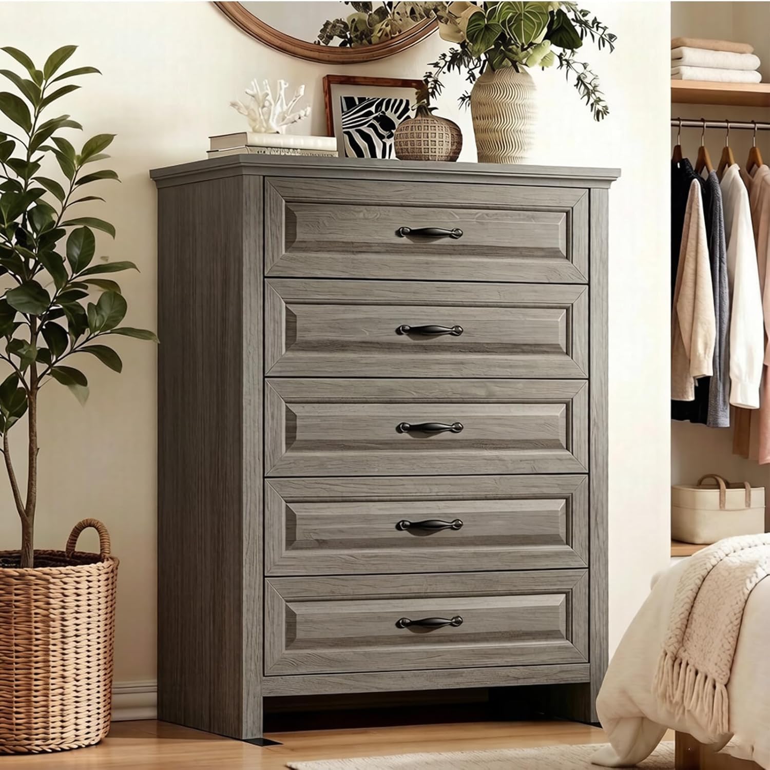 Fully assembled Pipishell 5-drawer dresser chest in a grey finish, placed in a bedroom setting.