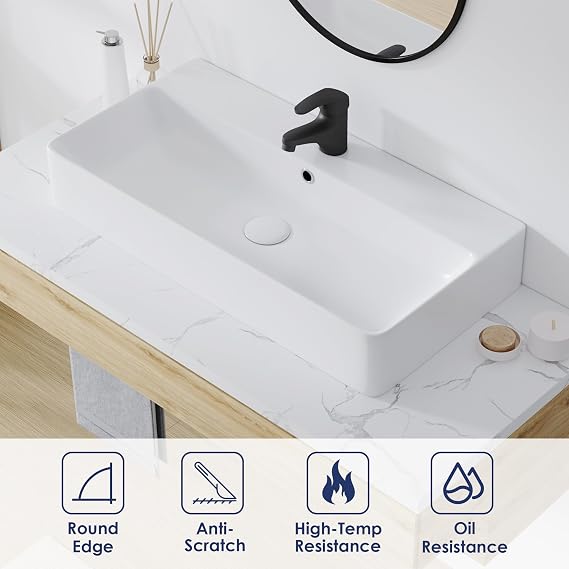 Eridanus 32 Ceramic Wall Mount Vessel Sink, Rectangular Countertop Basin
