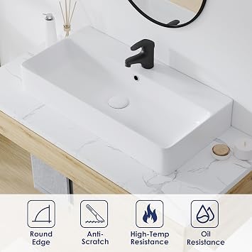 Eridanus 32 Ceramic Wall Mount Vessel Sink, Rectangular Countertop Basin