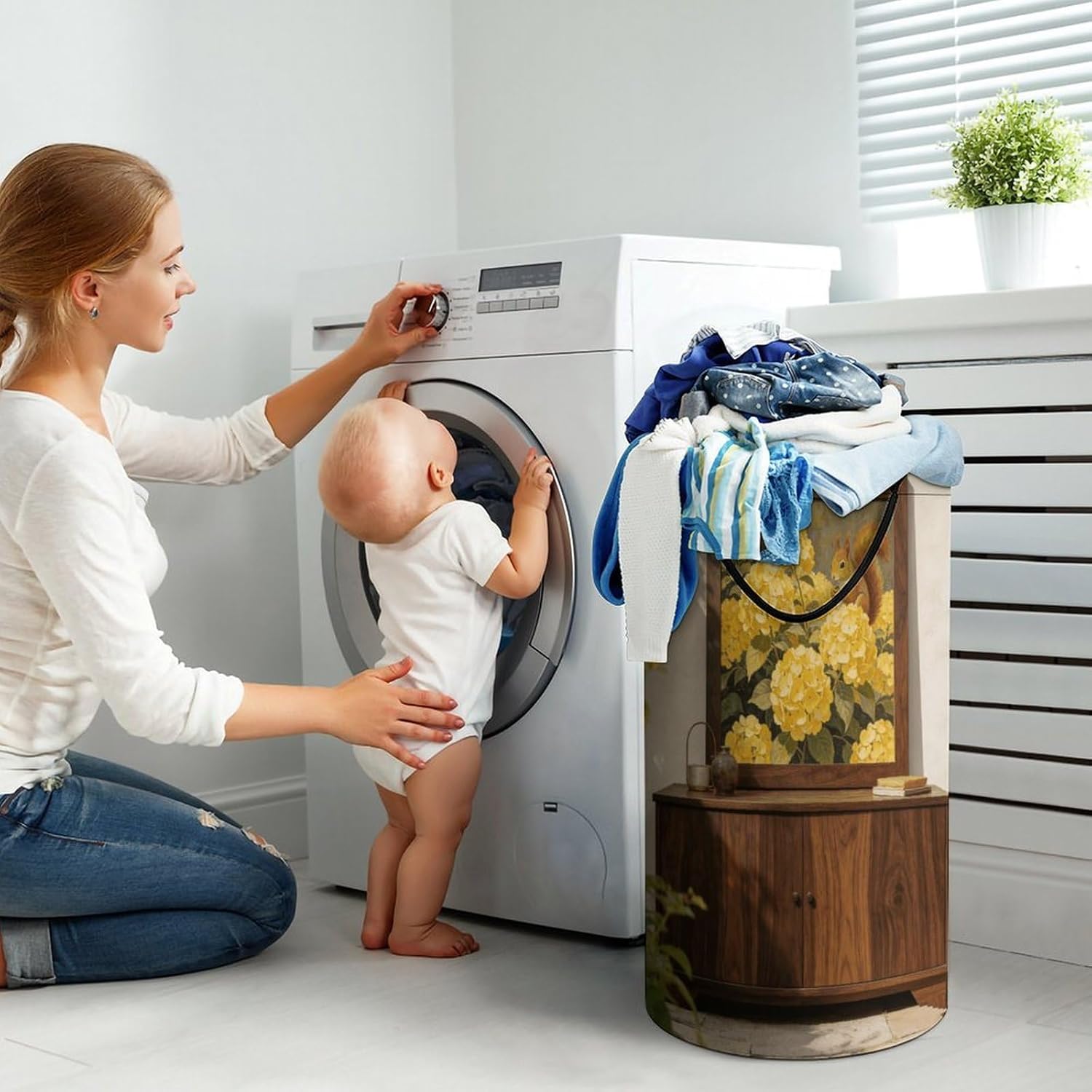 Wenge Stil De Grain Yellow Squirrel Hydrangea Laundry Hamper with Handles Waterproof Collapsible Laundry Basket Large Lightweight Round Dirty Clothes Hamper for Home Dorm Bathroom Decor