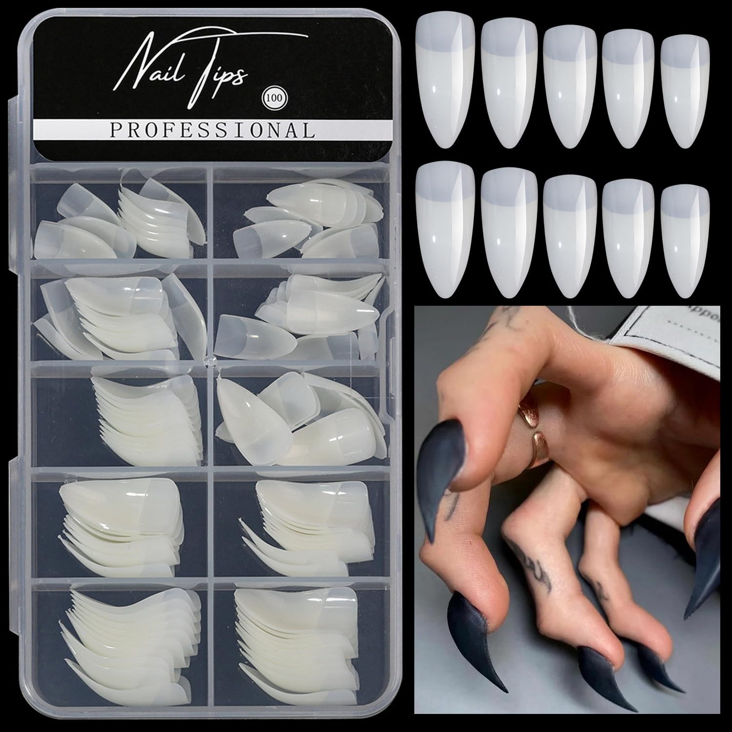 100 Pcs Medium Stiletto Press on Nails Kit,Soft Gel Pre-Shaped Acrylic Nail Tips Eagle Claw Designs Glue on Nail Glossy Extension Tips Manicure Home DIY 10 Sizes Gelly Tips