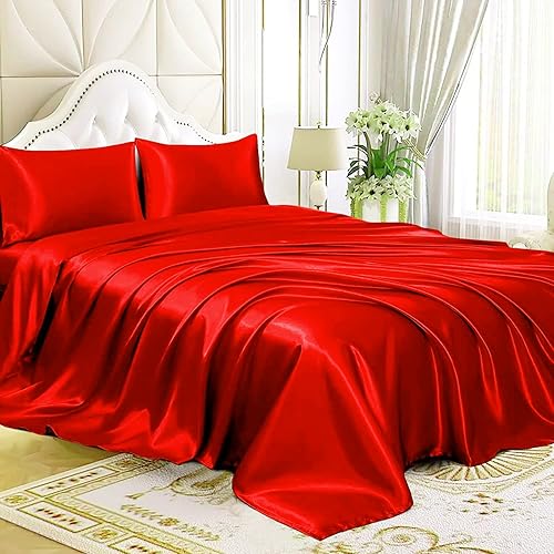 Juego de sábanas de satén de 4 piezas tamaño King de 4 piezas, color rojo, duradero y suave (sábana encimera + sábana bajera de 15 pulgadas + 2