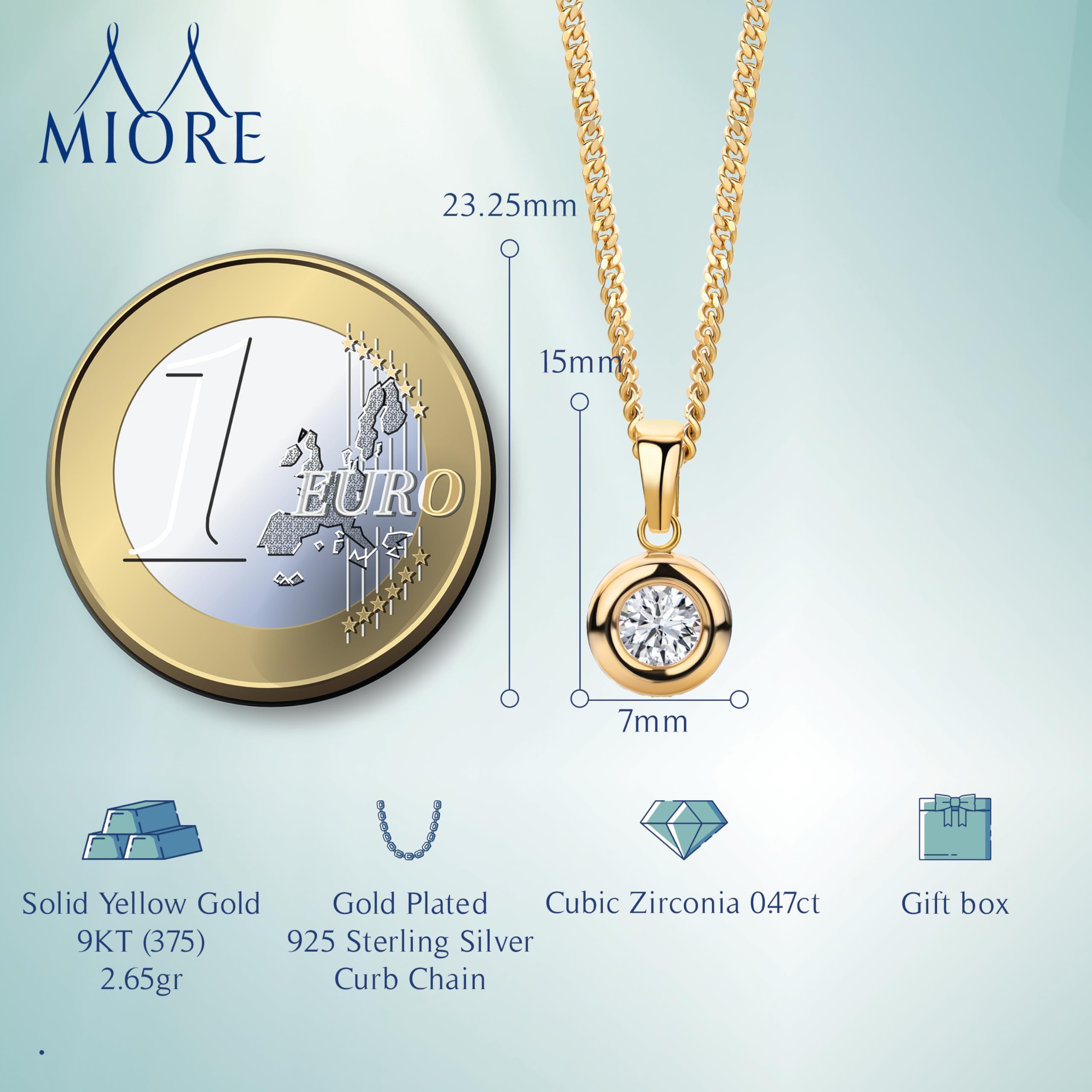 MIORE - Collana Punto Luce Donna in Oro Giallo con Zircone, Vero Oro 9KT 375, Pendente con Zircone con Catena Cm. 45 Argento 925 Placcata Oro 18Kt. Gioiello Anallergico.