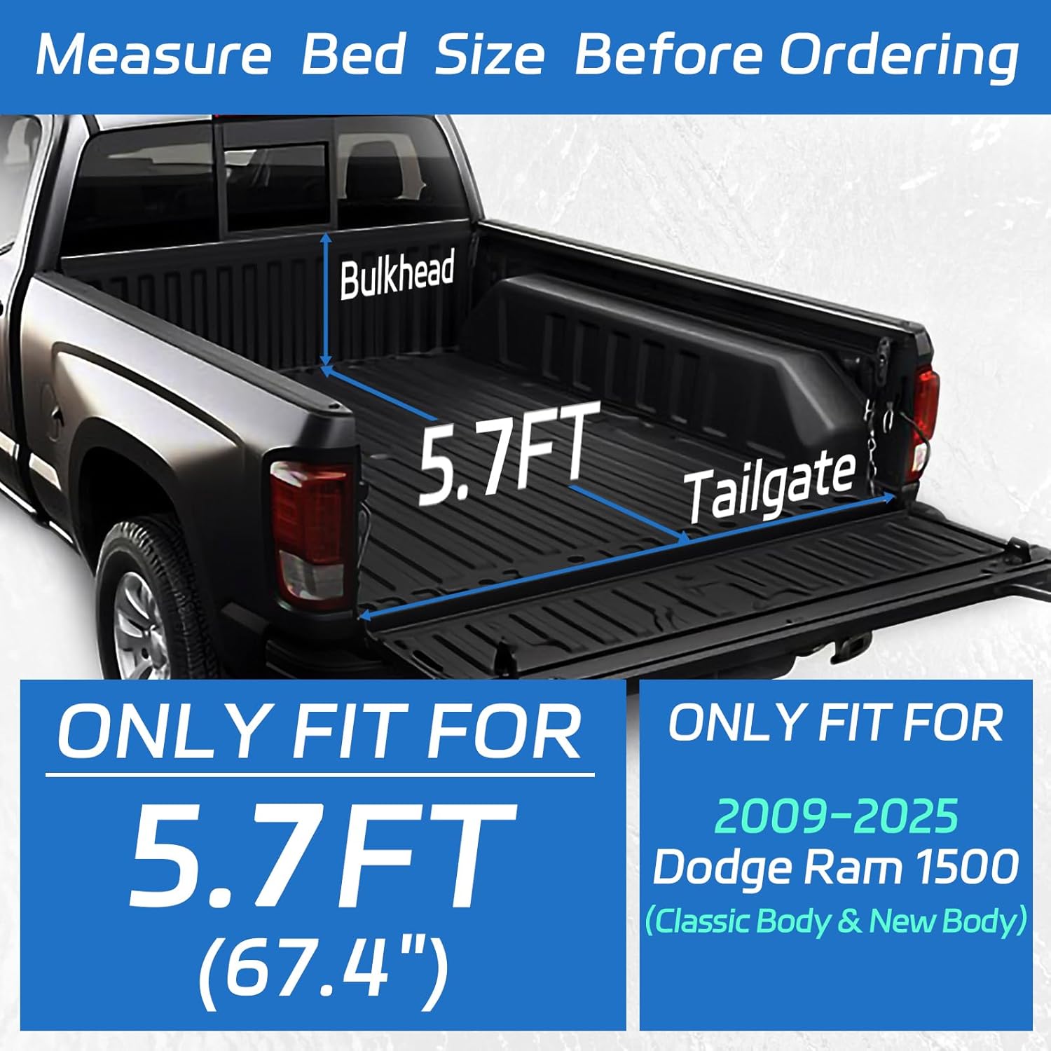 Soft Roll Up Tonneau Cover Compatible with 2009-2025 Dodge Ram 1500 5.7FT,67.4" (Classic Body & New Body) Bed Cover, Without Rambox