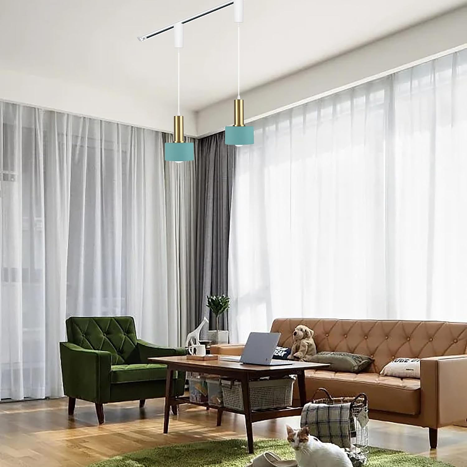Kiven H-Type Track Lighting, 1-Light Modern Halo Track Pendant Light with Iron Lampshade, H Track Light Pedant Adjustable Length for Bedroom Kitchen Island Home Office,Green Finish