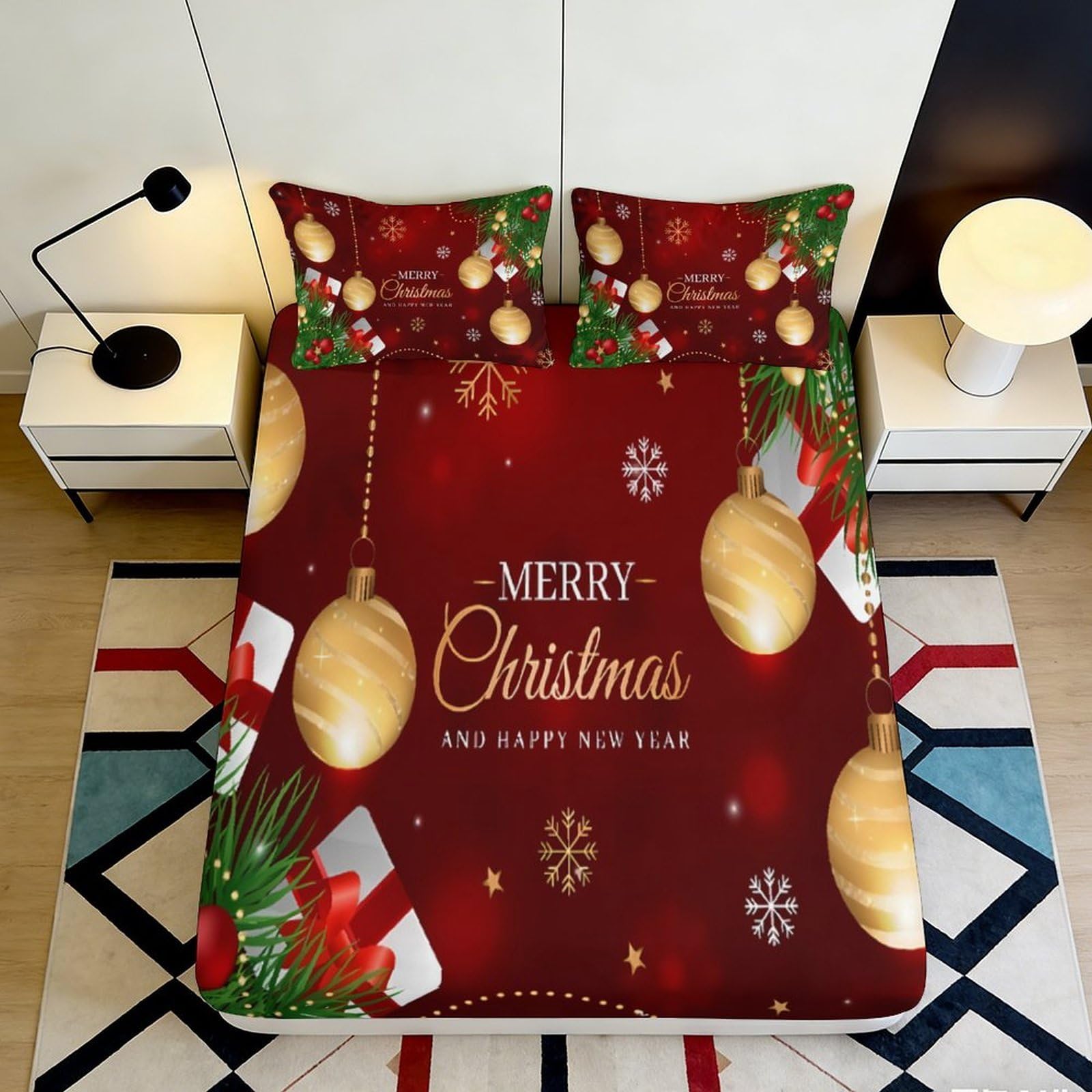 Jqzkxnhpbr Style-7 3D Printed Christmas Ornament Fitted Sheet Microfiber Red Bed Cover For Bedroom Dorm Easy Care 90X200x25cm