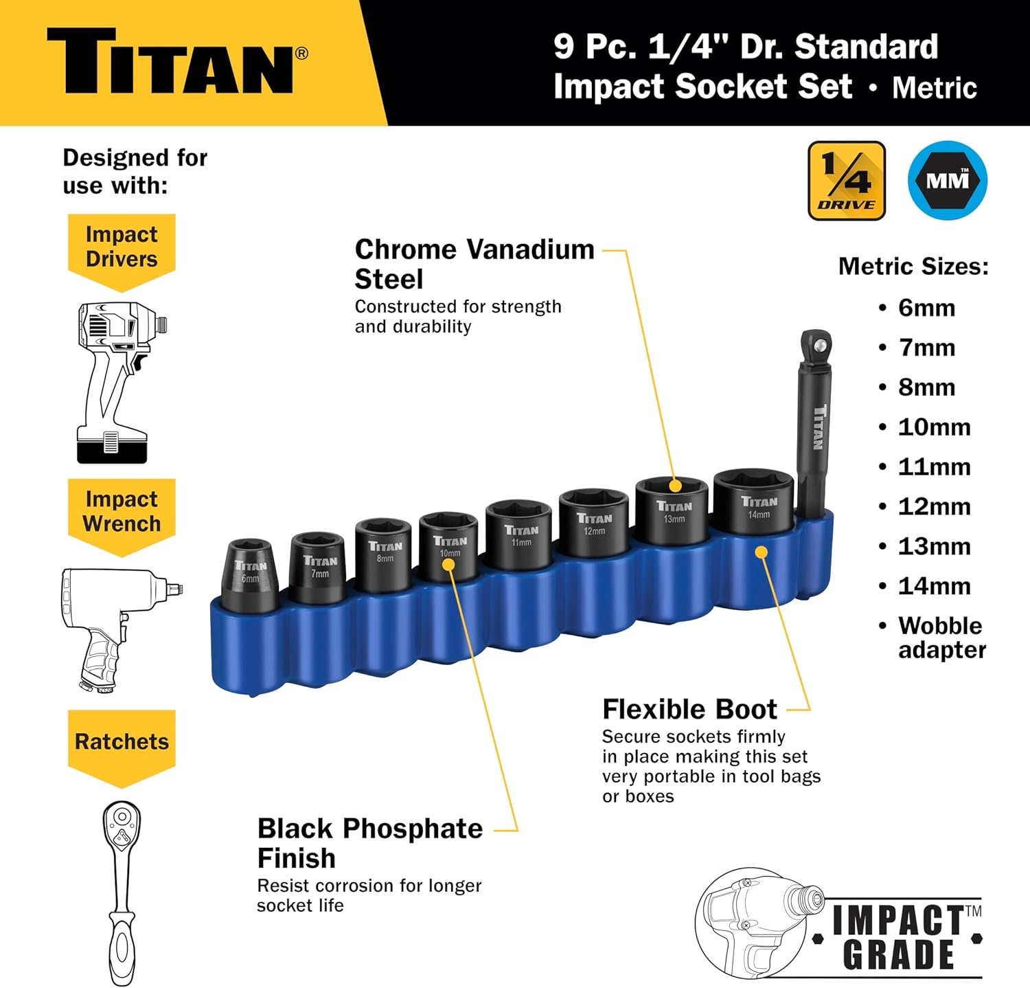 Titan 46201 9-Piece 1/4-Inch Drive Metric Shallow Impact Socket Set, 6-Point, Metric Sizes 6 to 14mm