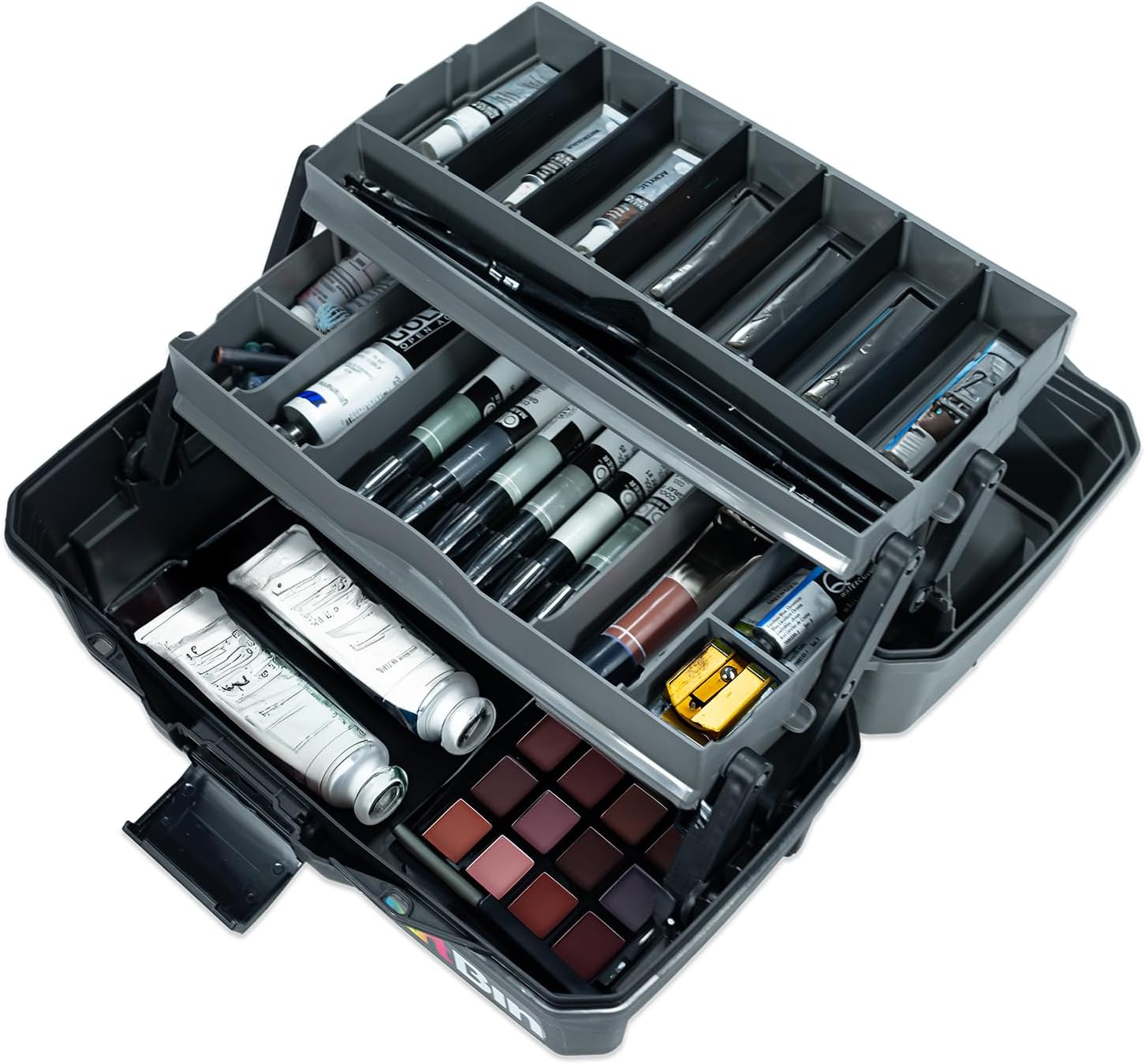 ArtBin 6892AG 2-Tray Art Supply Box, Portable Art & Craft Organizer with Lift-Up Trays, [1] Plastic Storage Case, Gray/Black