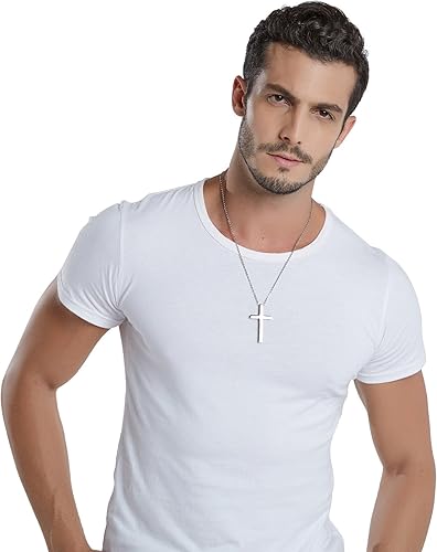Miniatura 2 de Pendiente Reve con cruz en tono plateado de acero inoxidable simple para hombre y mujer con cadena de 20 a 24 pulgadas