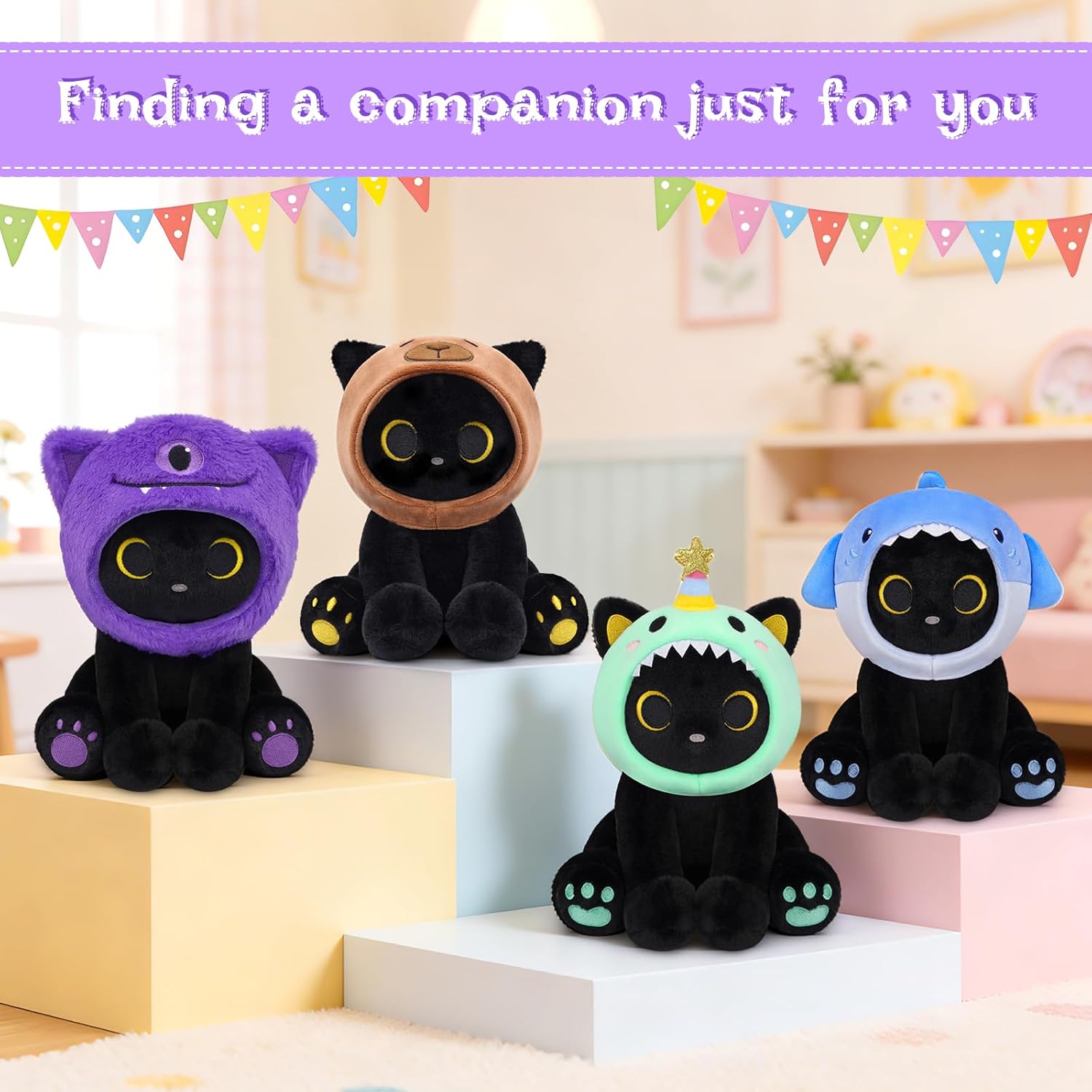 Black Cat Plush Toy, 8inch Cute Stuffed Cat with Purple One-Eyed Monster Removable Hood, Soft Toy Monster Kitten Plushie Kawaii Christmas Brithday Gifts for Girls Boys